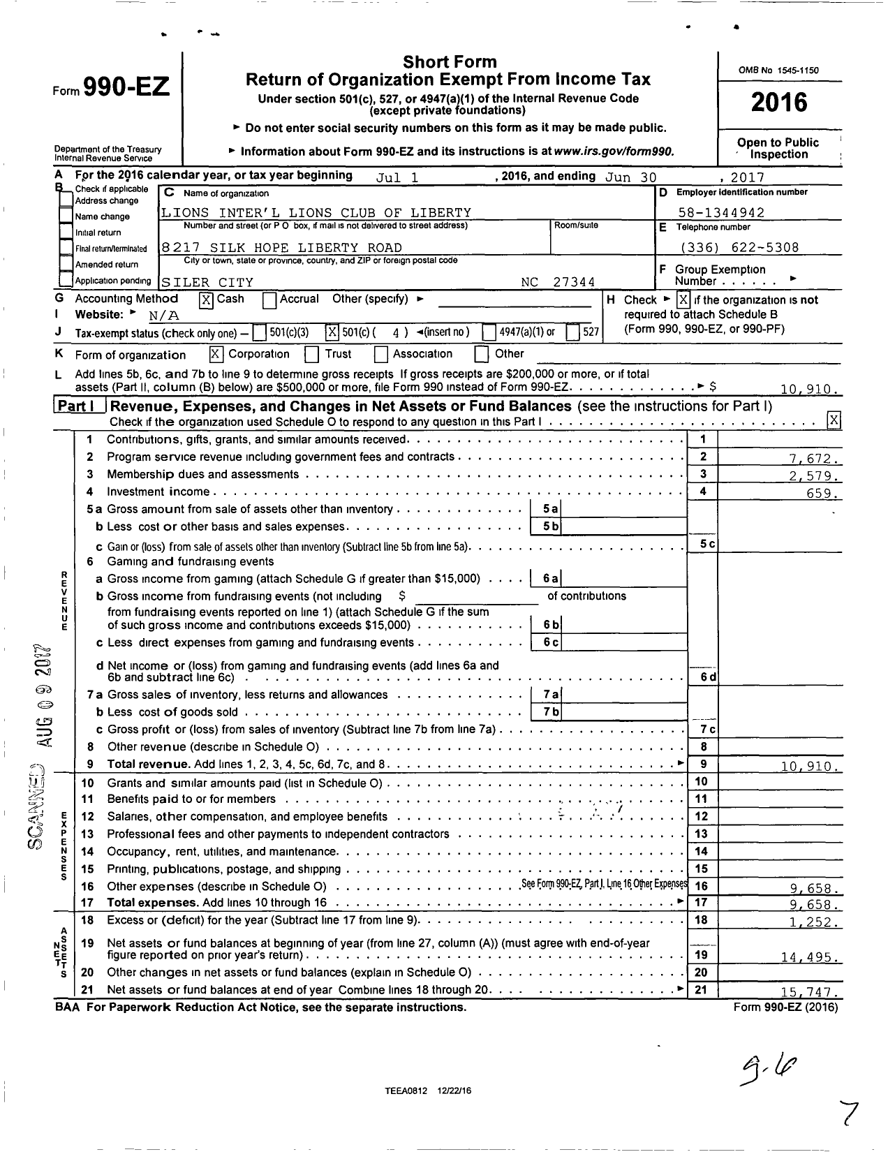 Image of first page of 2016 Form 990EO for Lions Clubs - 11466 Liberty