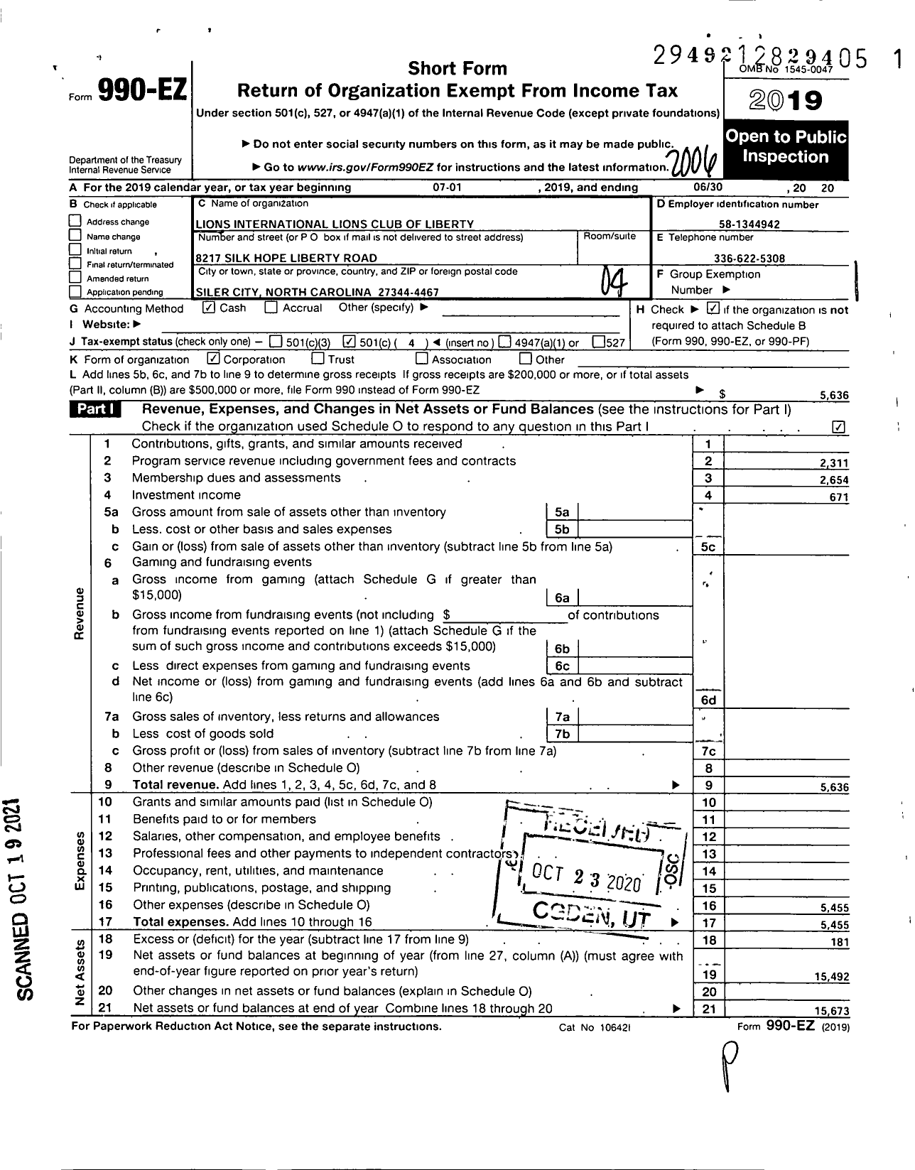 Image of first page of 2019 Form 990EO for Lions Clubs - 11466 Liberty