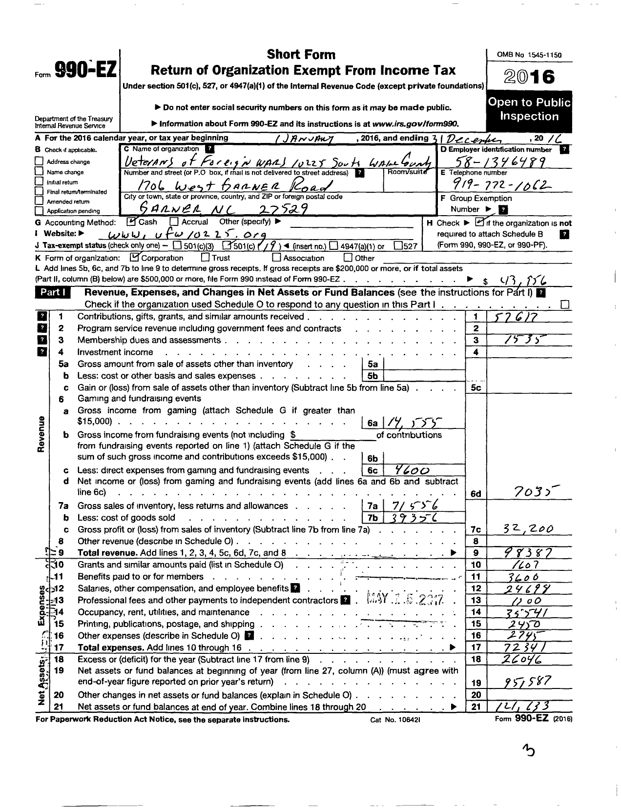 Image of first page of 2016 Form 990EO for VFW NC - 10225 South Wake County Post