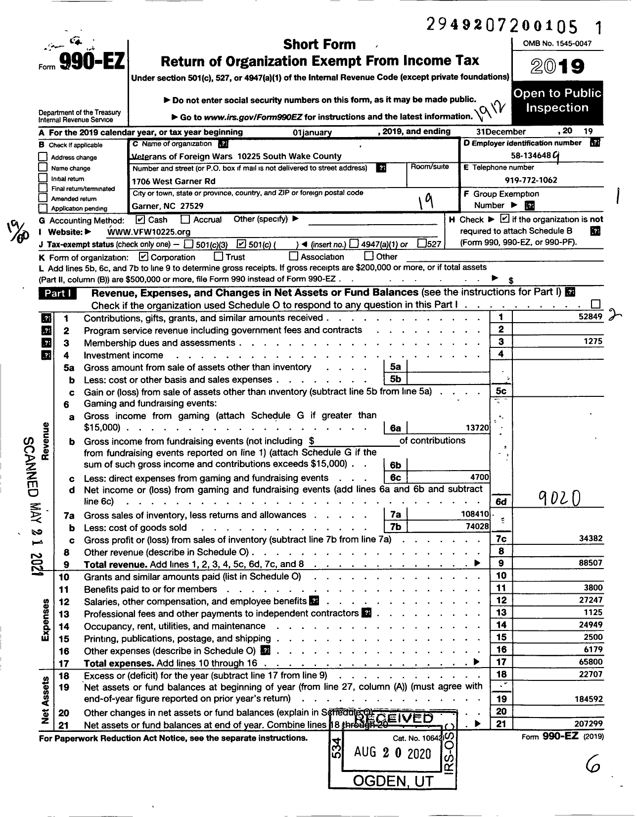 Image of first page of 2019 Form 990EO for VFW NC - 10225 South Wake County Post