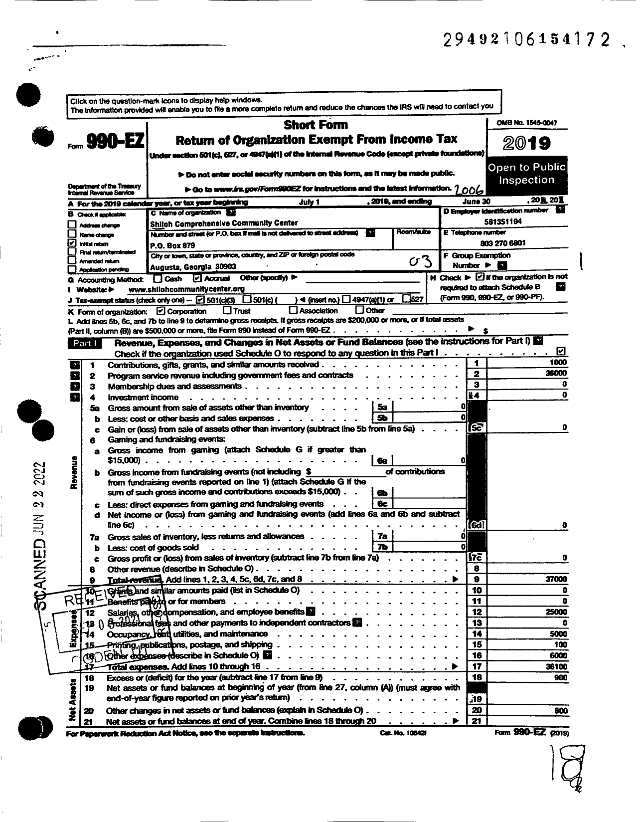 Image of first page of 2019 Form 990EZ for Shiloh Comprehensive Community Center