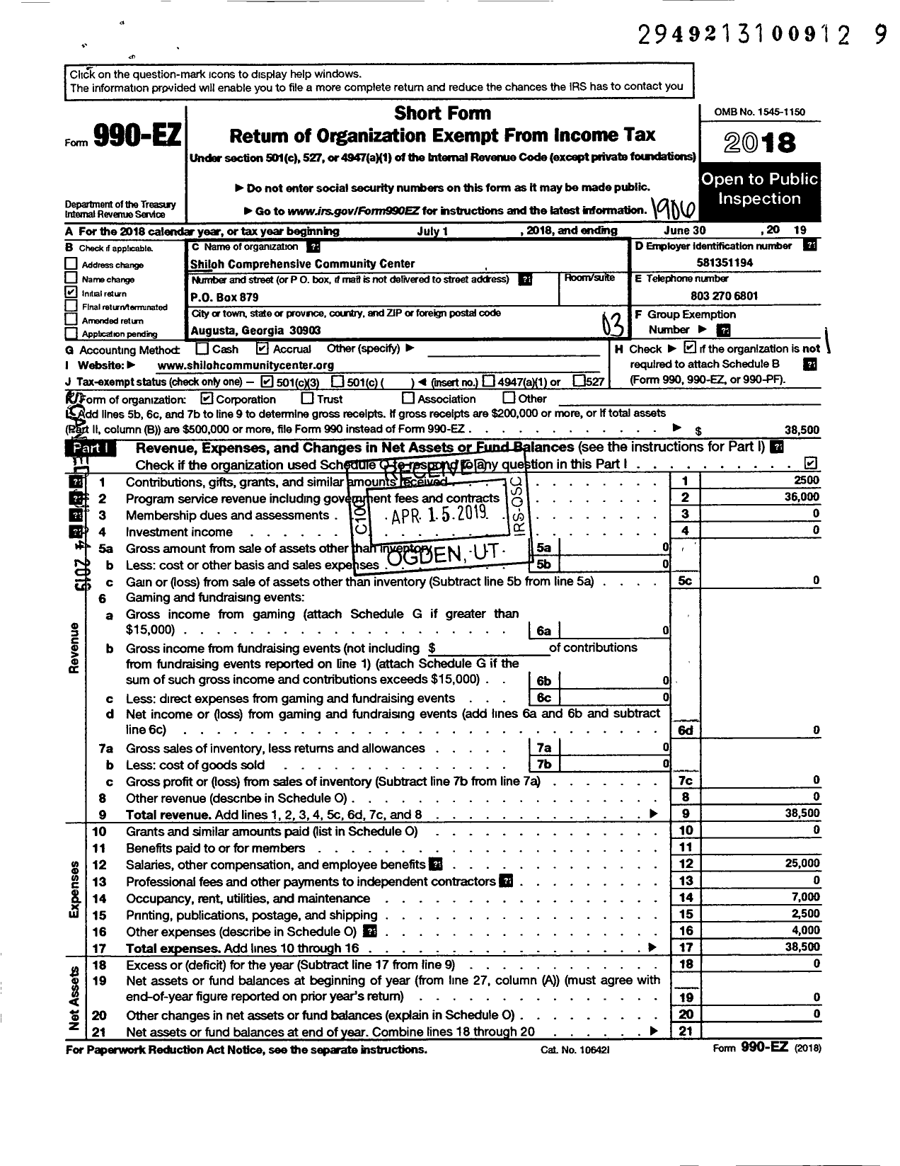 Image of first page of 2018 Form 990EZ for Shiloh Comprehensive Community Center