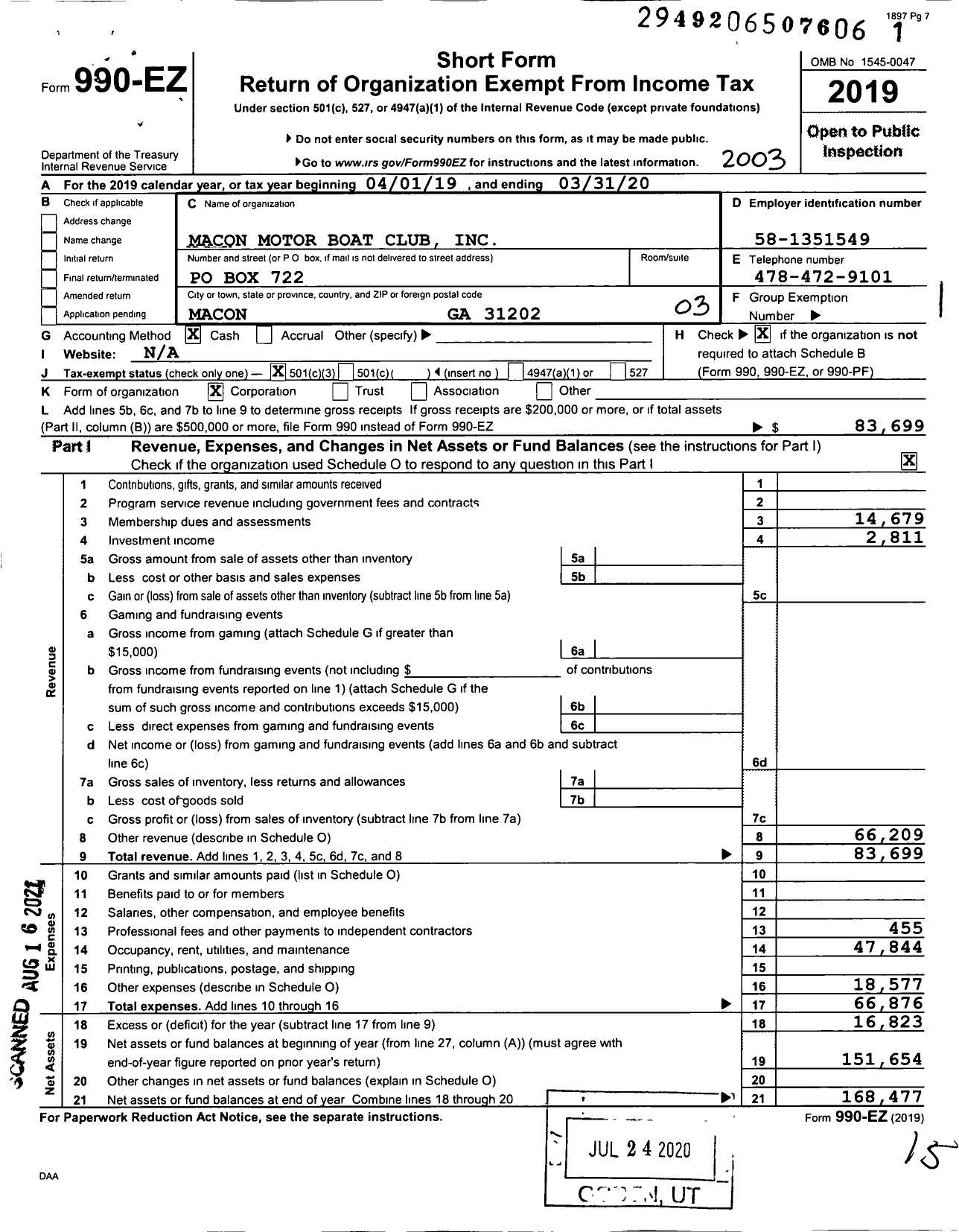 Image of first page of 2019 Form 990EZ for Macon Motor Boat Club