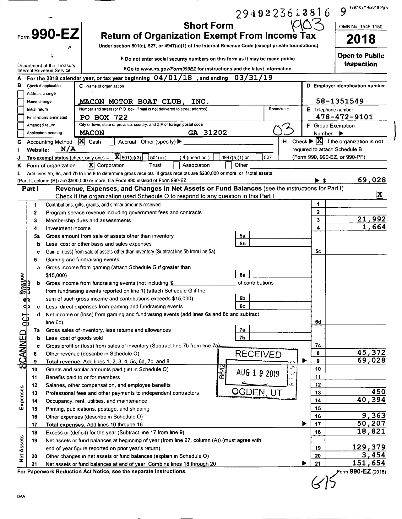 Image of first page of 2018 Form 990EZ for Macon Motor Boat Club