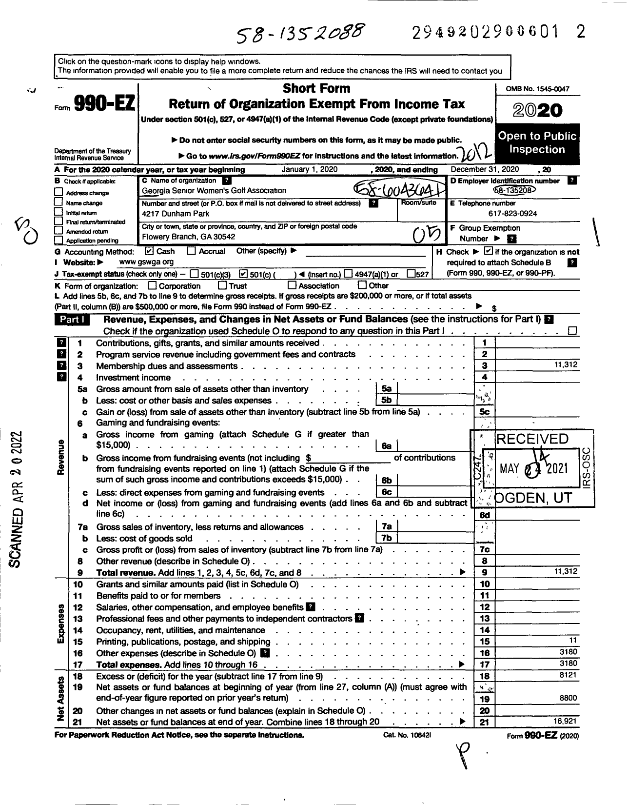 Image of first page of 2020 Form 990EO for Georgia Senior Womens Golf Association