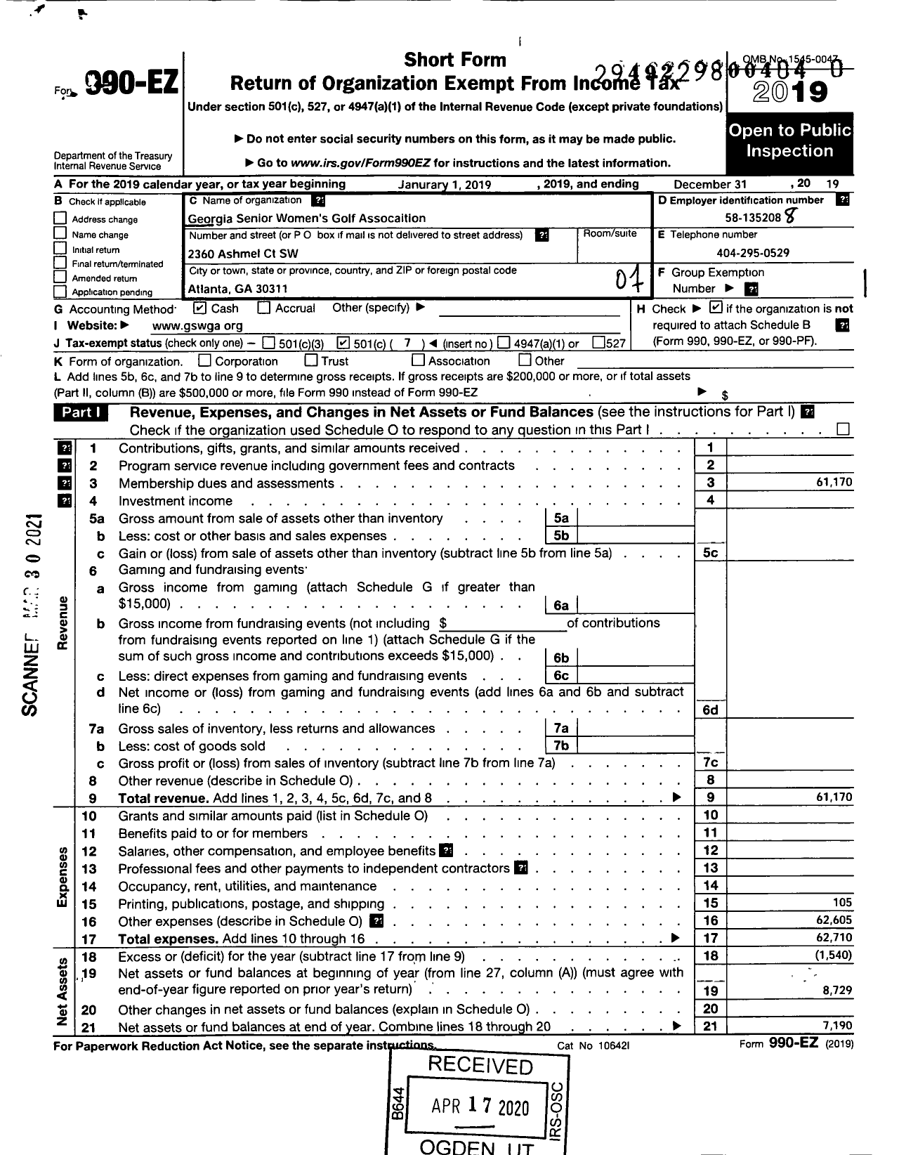 Image of first page of 2019 Form 990EO for Georgia Senior Womens Golf Association