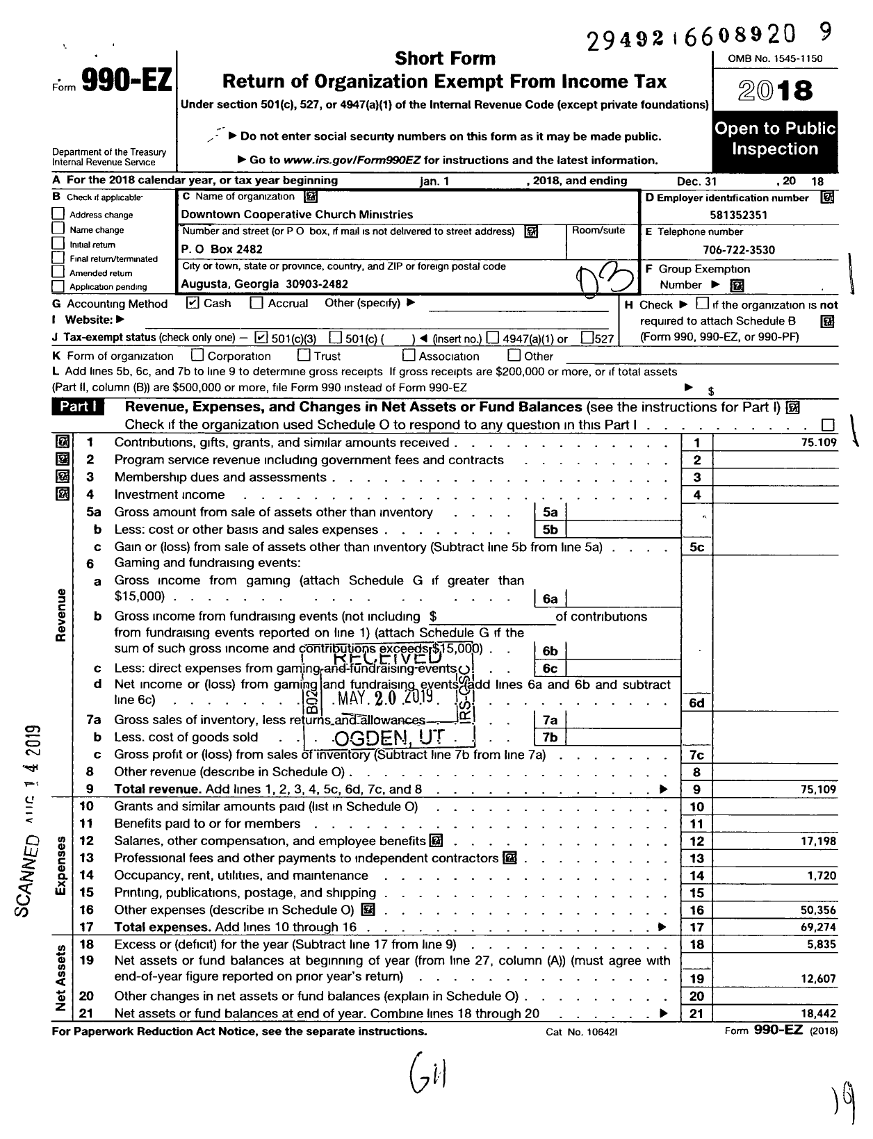 Image of first page of 2018 Form 990EZ for Downtown Cooperative Church Ministries Ies