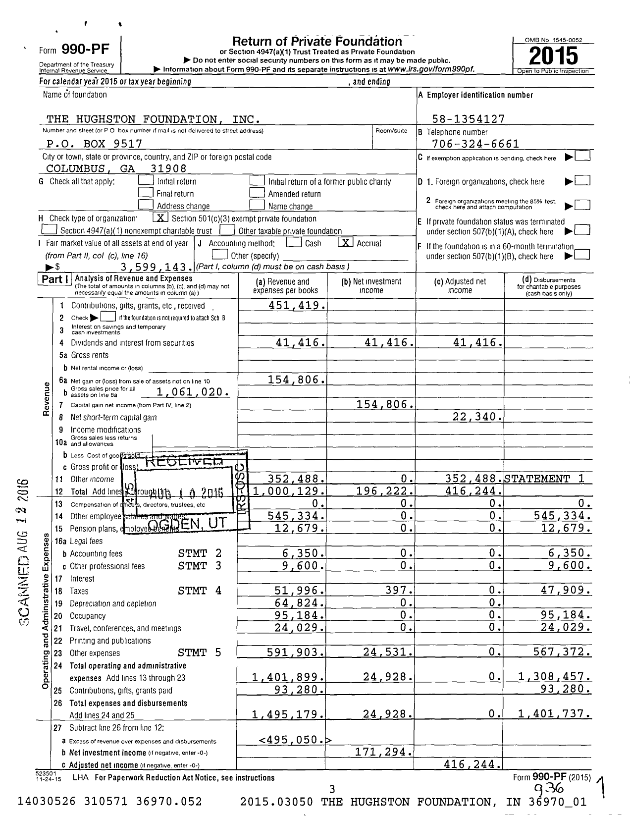 Image of first page of 2015 Form 990PF for The Hughston Foundation