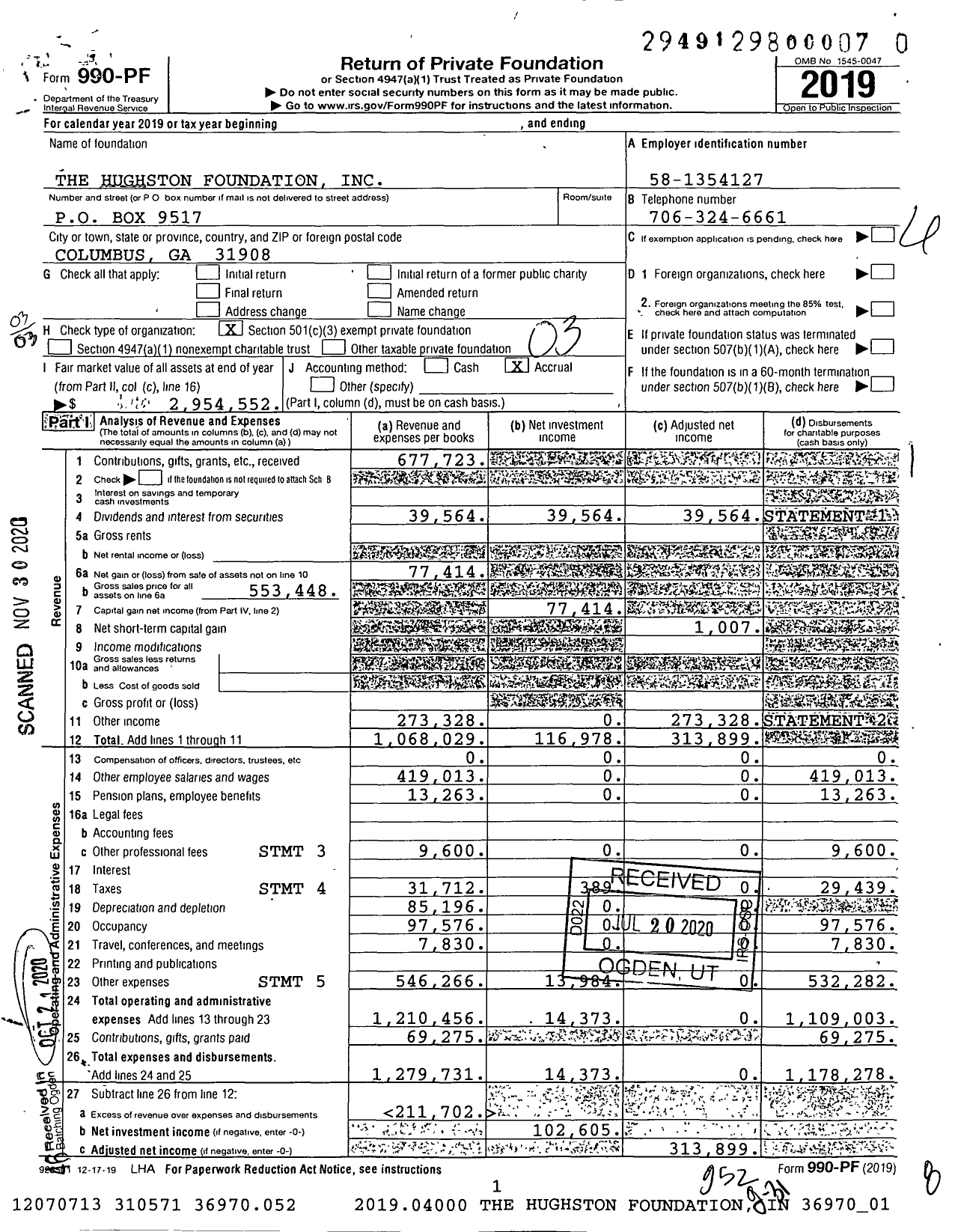 Image of first page of 2019 Form 990PF for The Hughston Foundation