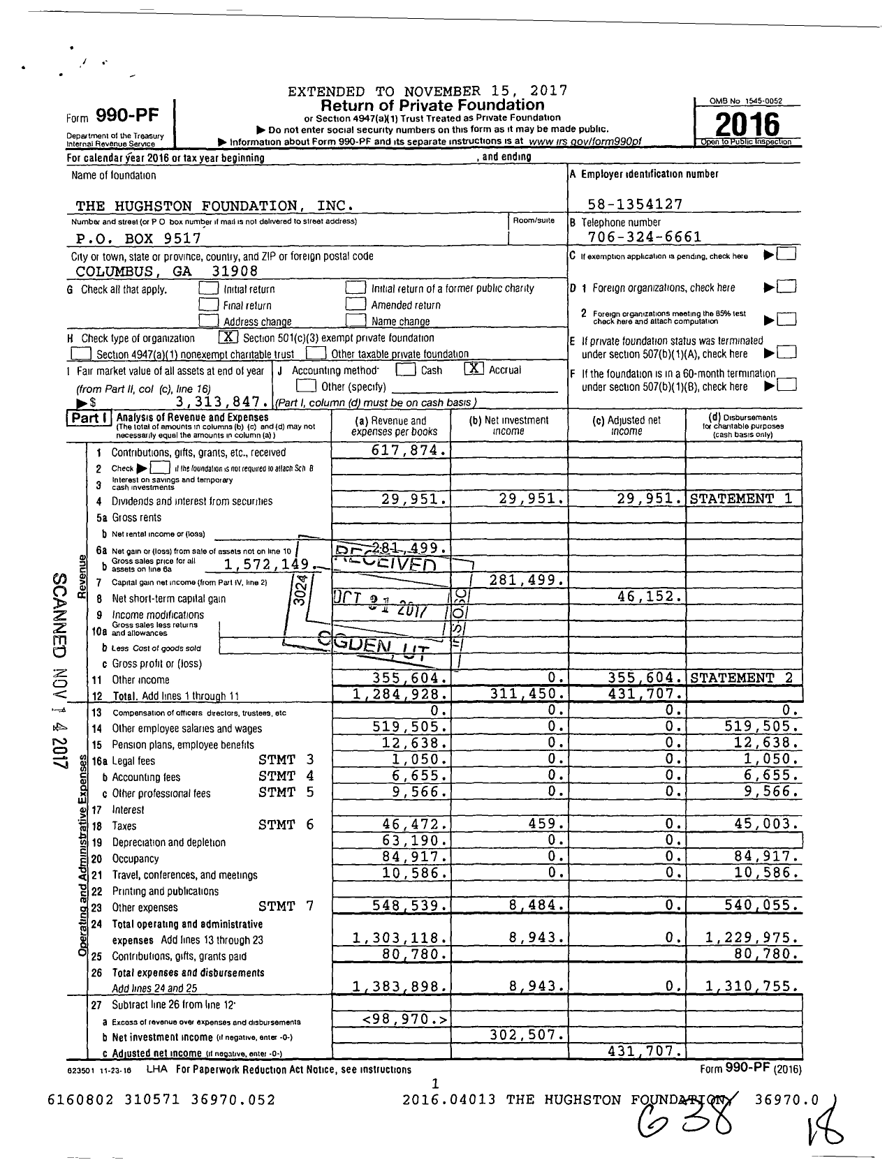 Image of first page of 2016 Form 990PF for The Hughston Foundation