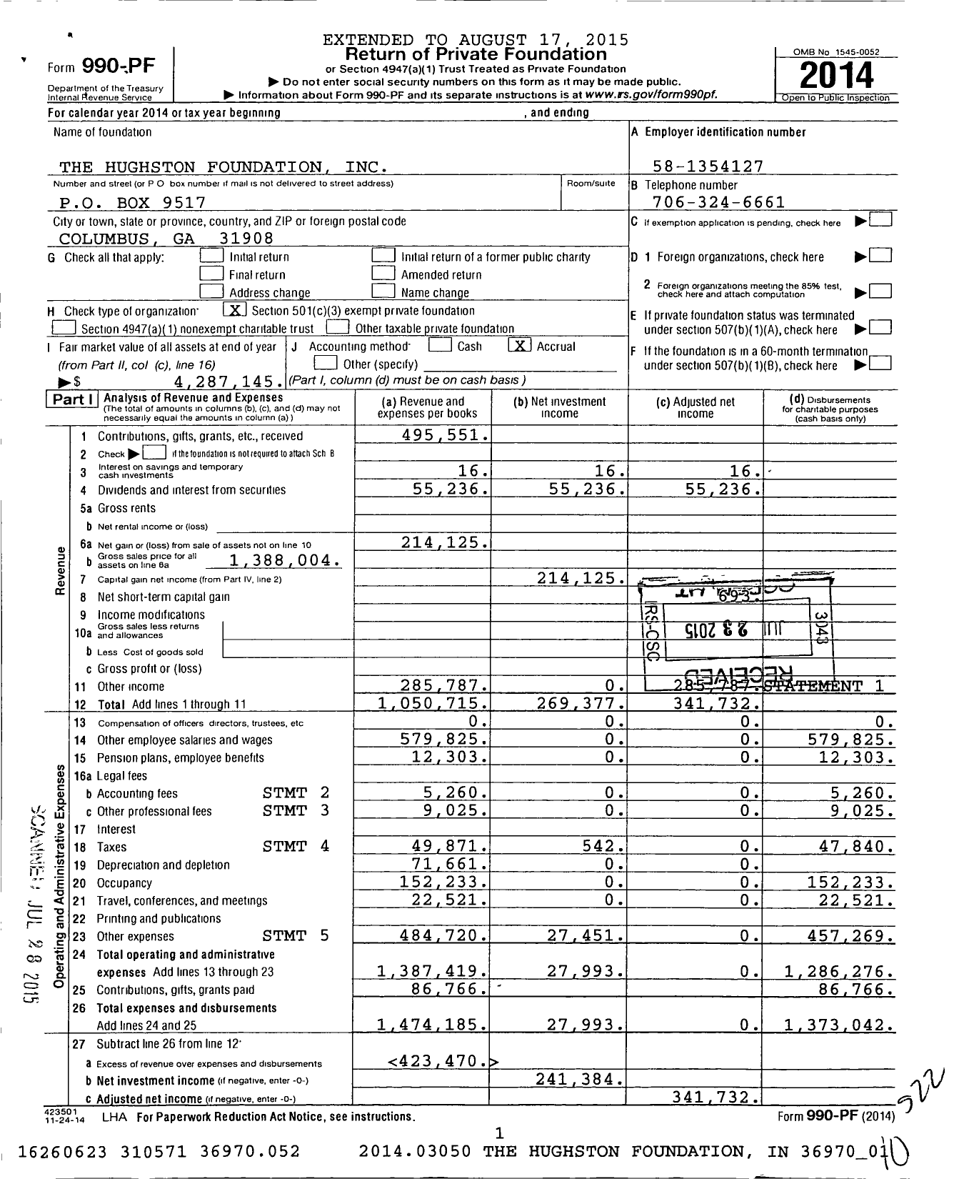 Image of first page of 2014 Form 990PF for The Hughston Foundation