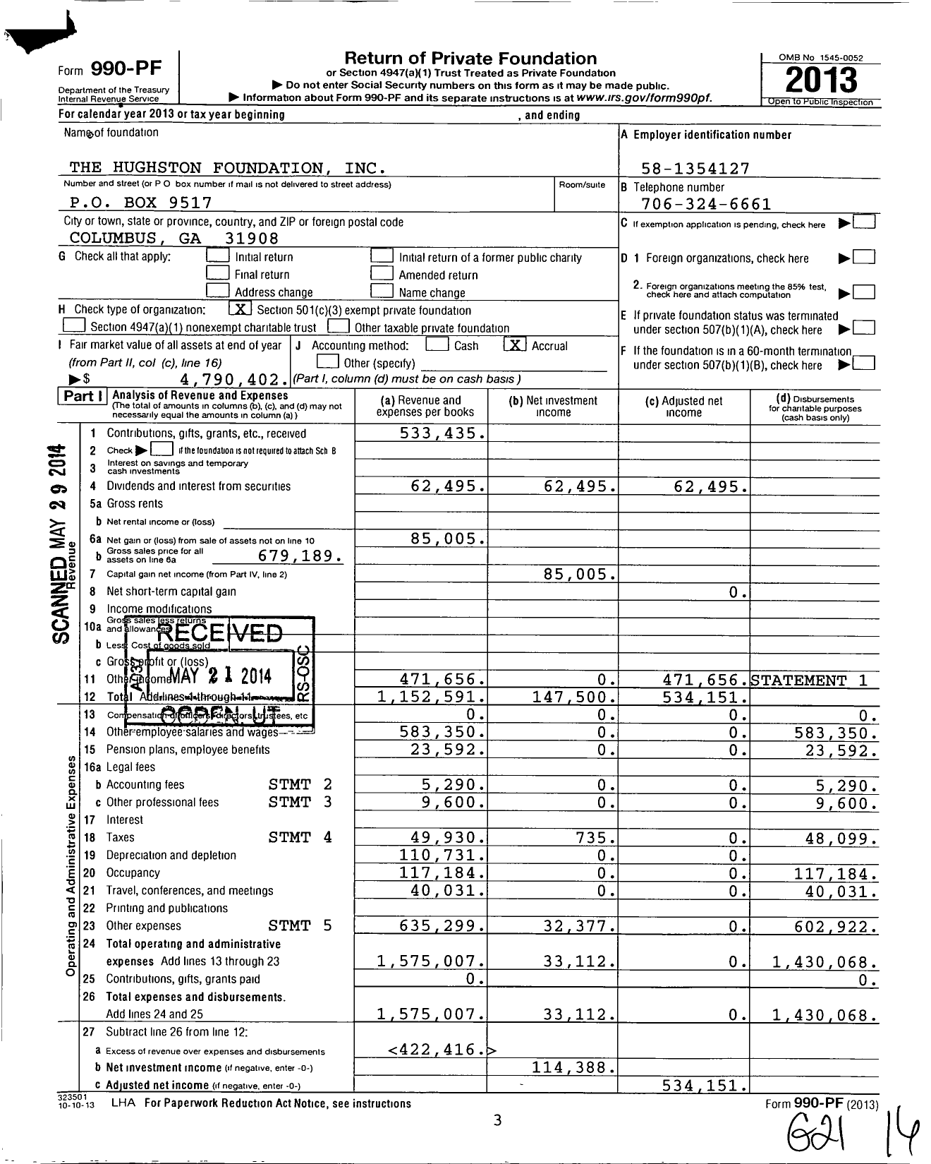 Image of first page of 2013 Form 990PF for The Hughston Foundation