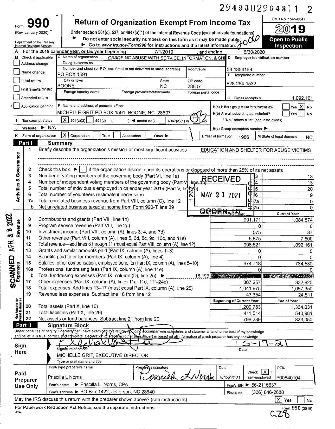 Image of first page of 2019 Form 990 for Opposing Abuse with Service Information and Shelter