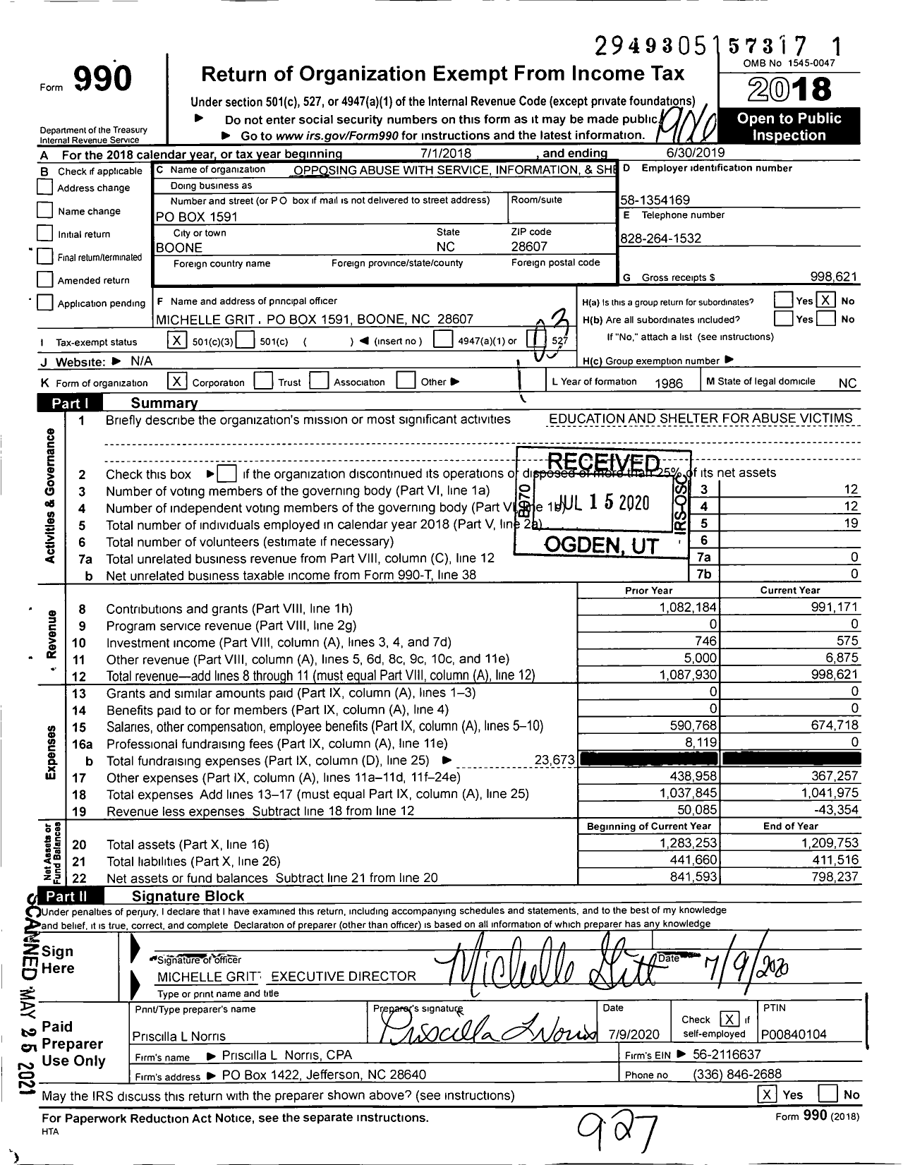 Image of first page of 2018 Form 990 for Opposing Abuse with Service Information and Shelter