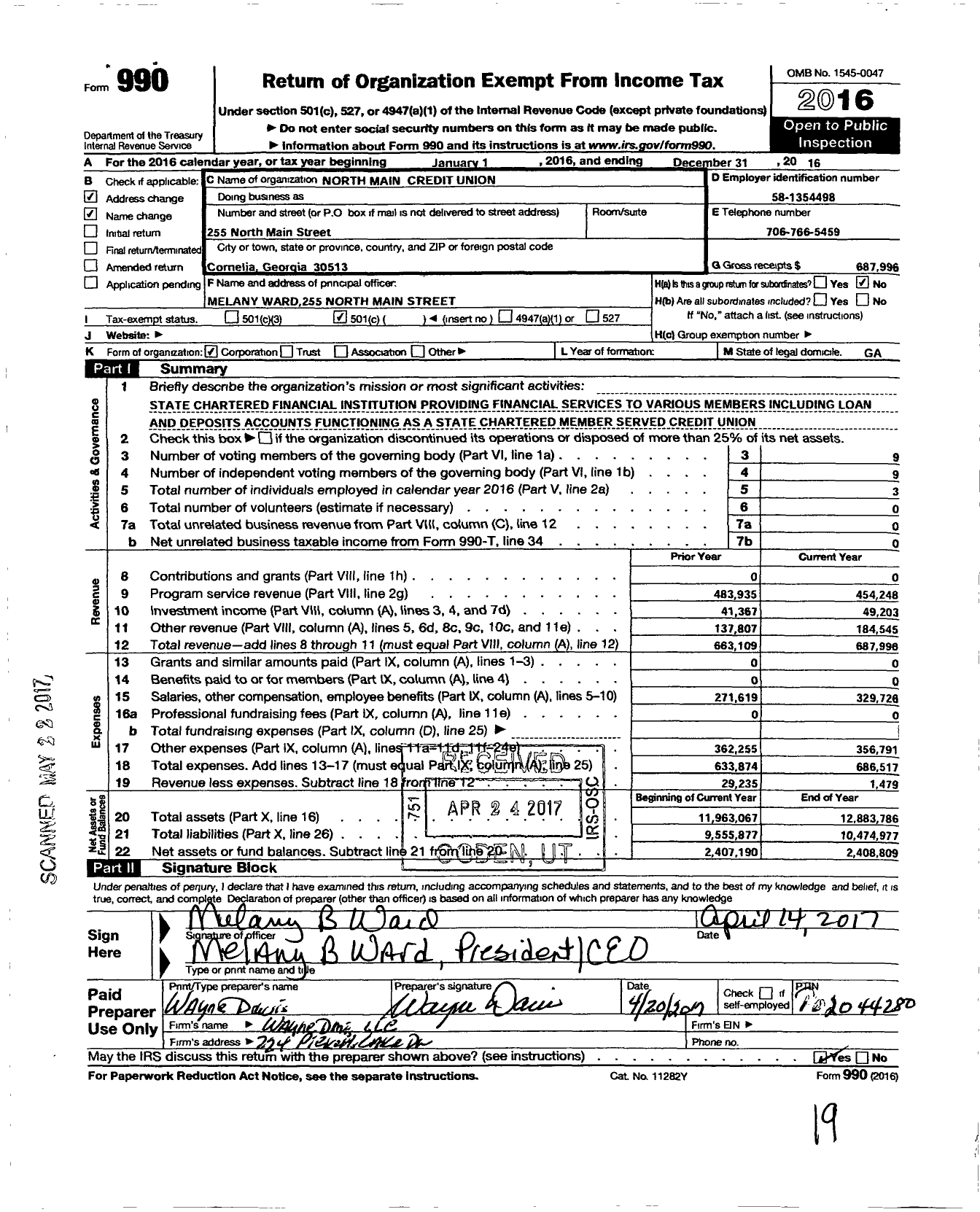 Image of first page of 2016 Form 990O for North Main Credit Union