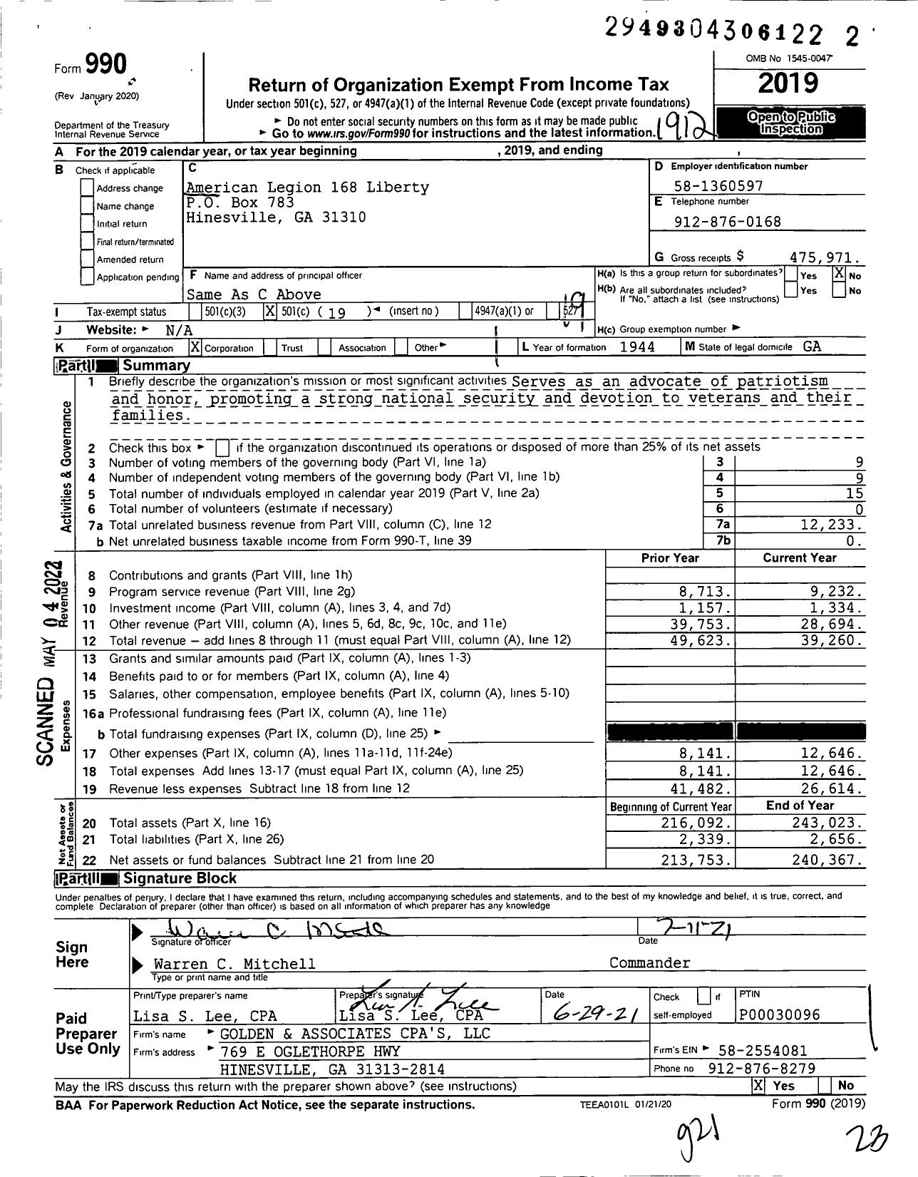 Image of first page of 2019 Form 990O for American Legion - American Legion 168 Liberty