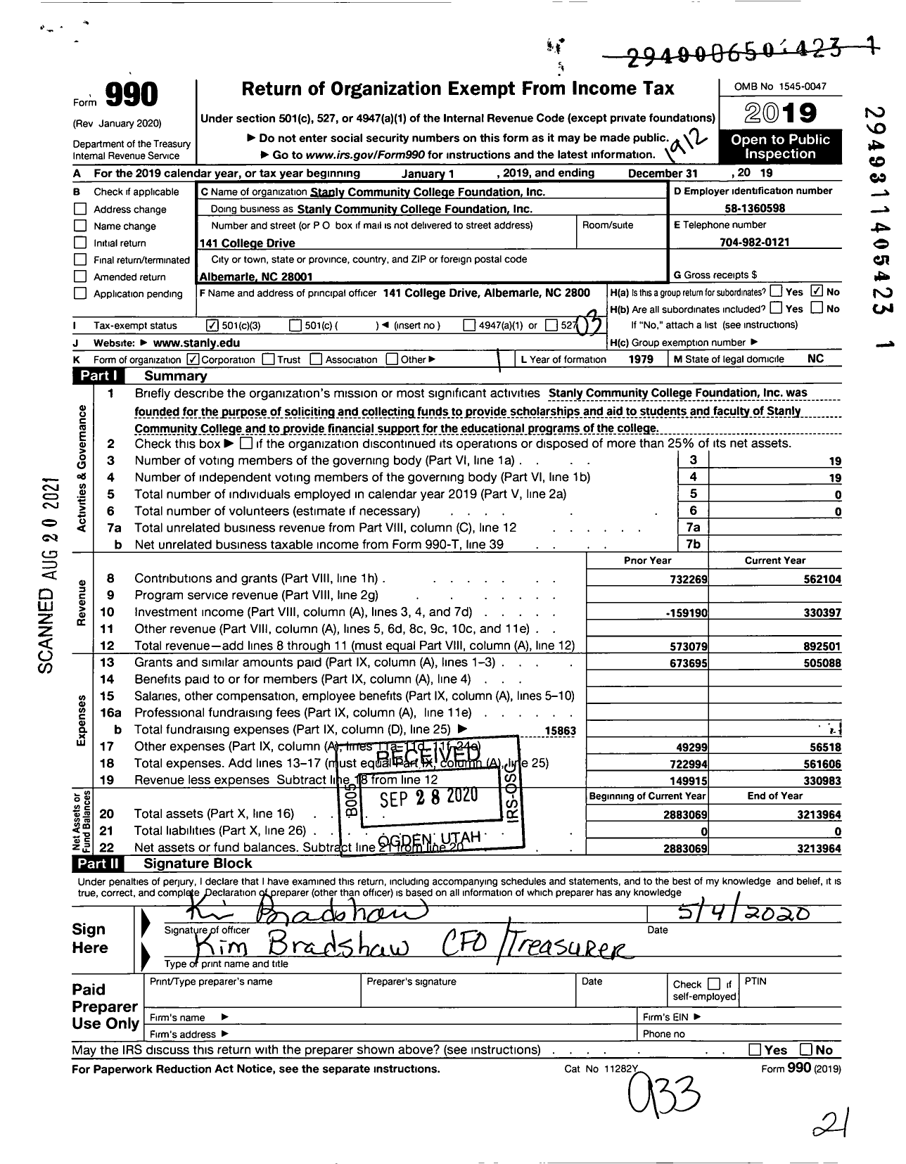 Image of first page of 2019 Form 990 for Stanly Community College Foundation