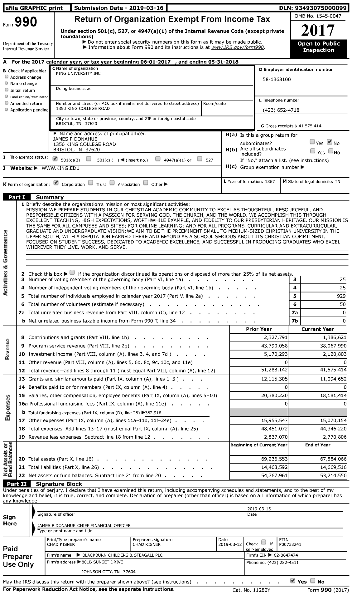 Image of first page of 2017 Form 990 for King University
