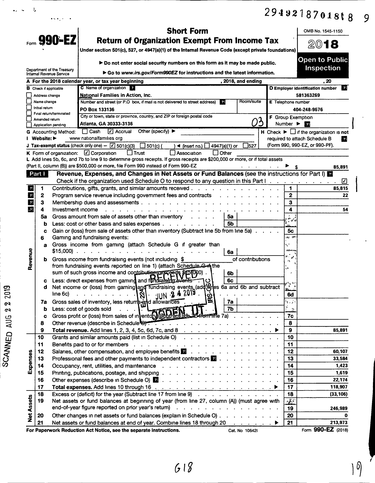 Image of first page of 2018 Form 990EZ for National Families in Action