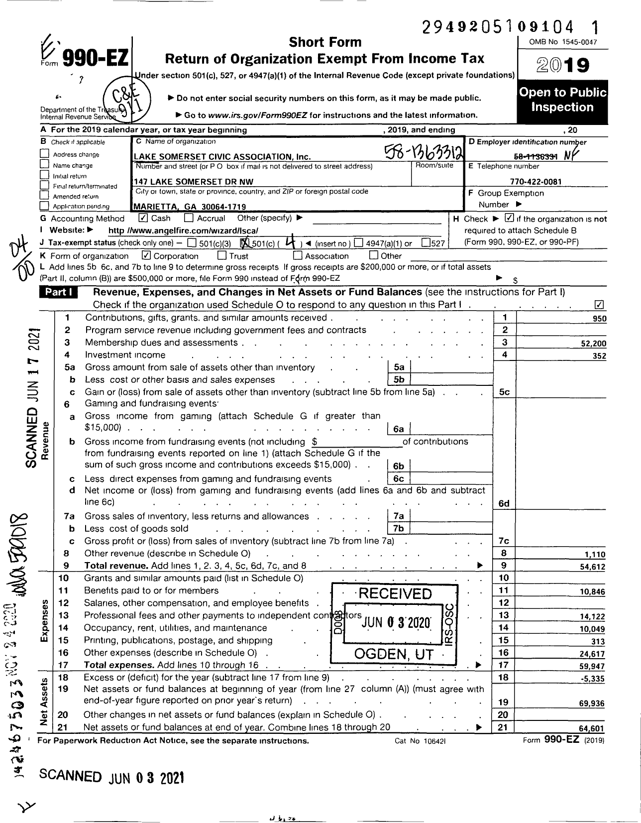 Image of first page of 2019 Form 990EO for Lake Somerset Civic Association