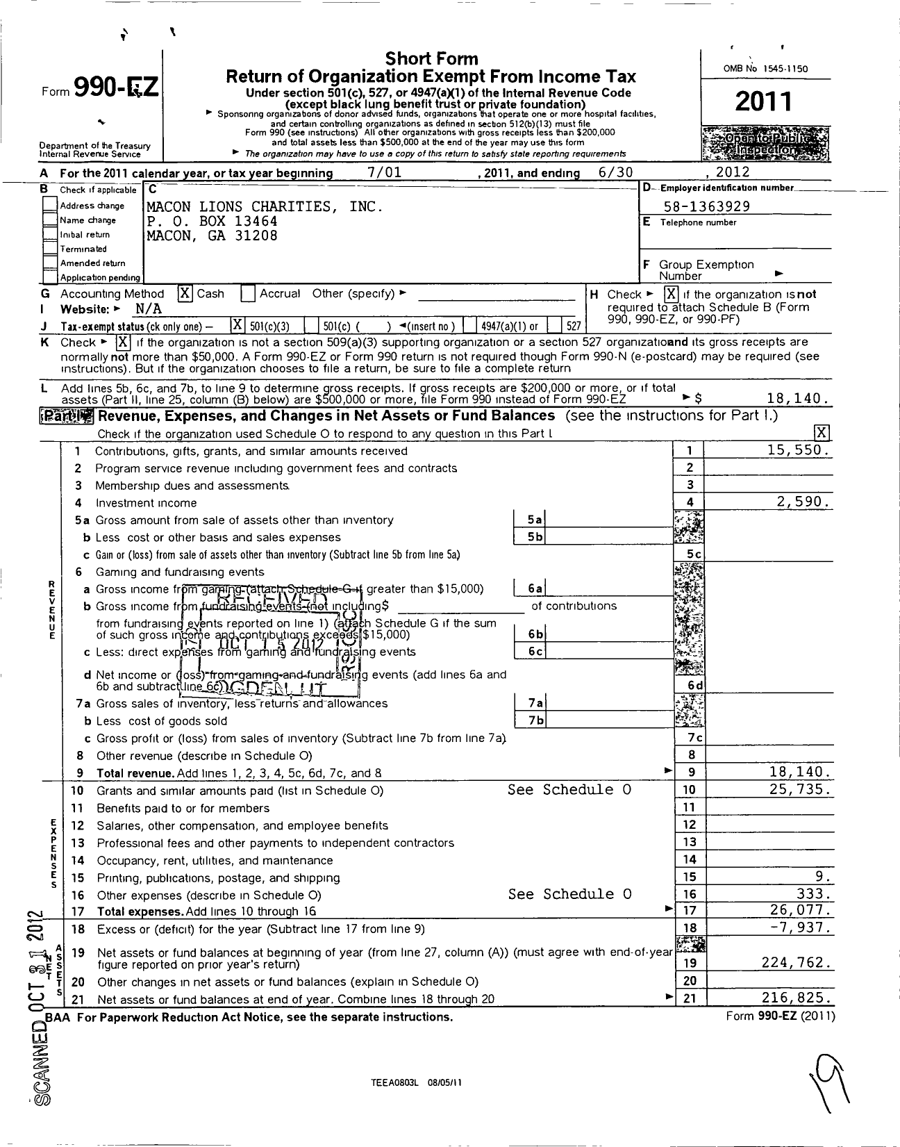 Image of first page of 2011 Form 990EZ for Macon Lions Charities