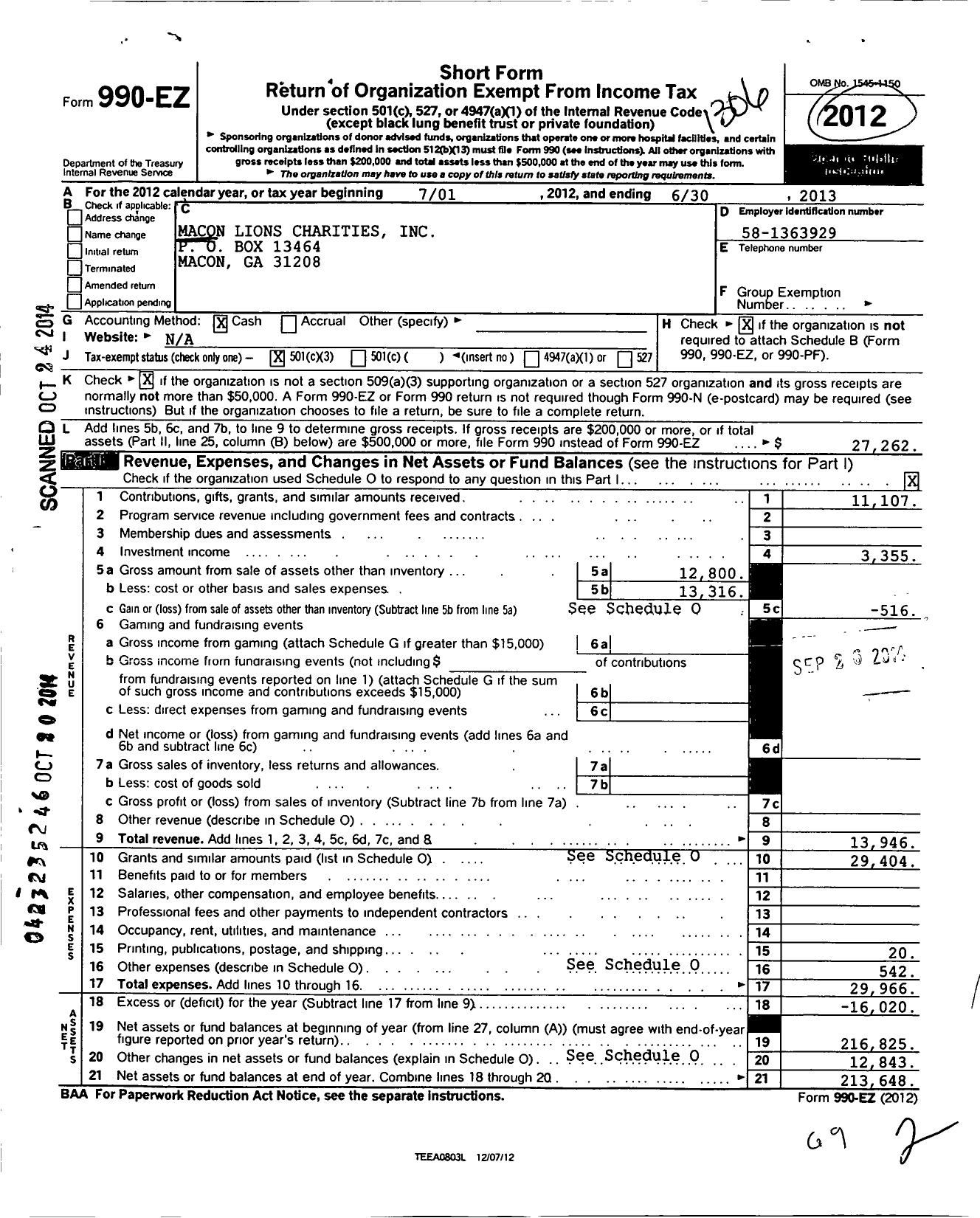 Image of first page of 2012 Form 990EZ for Macon Lions Charities