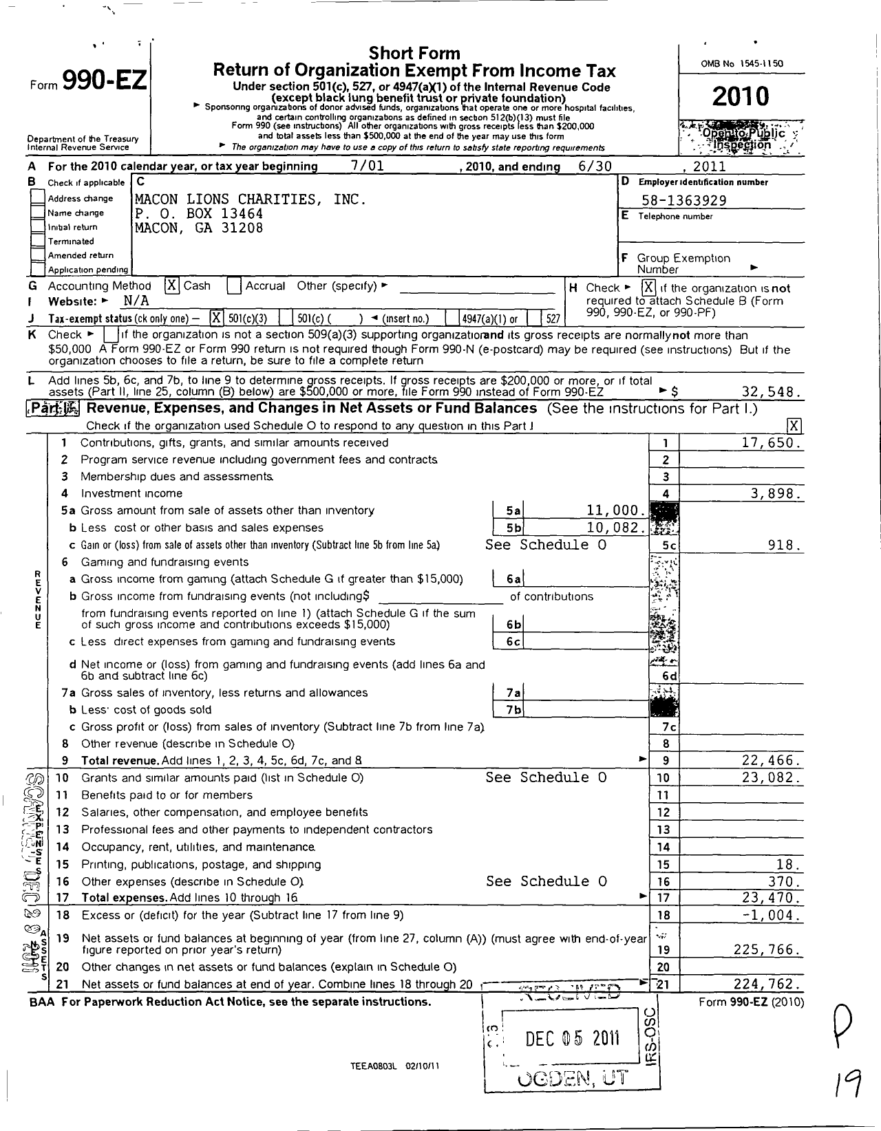 Image of first page of 2010 Form 990EZ for Macon Lions Charities