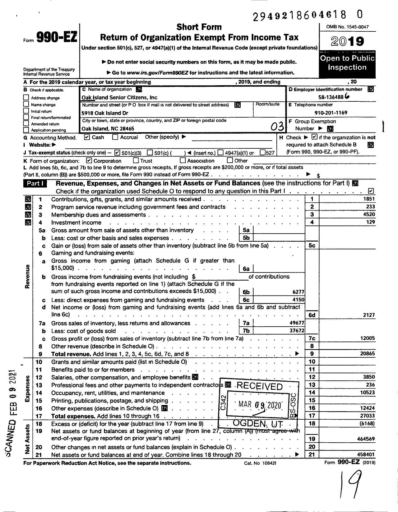 Image of first page of 2019 Form 990EZ for Oak Island Senior Citizens