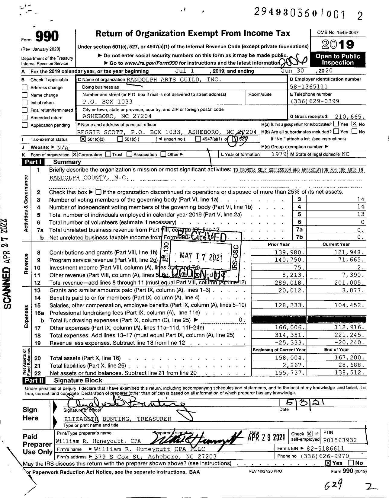 Image of first page of 2019 Form 990 for Randolph Arts Guild