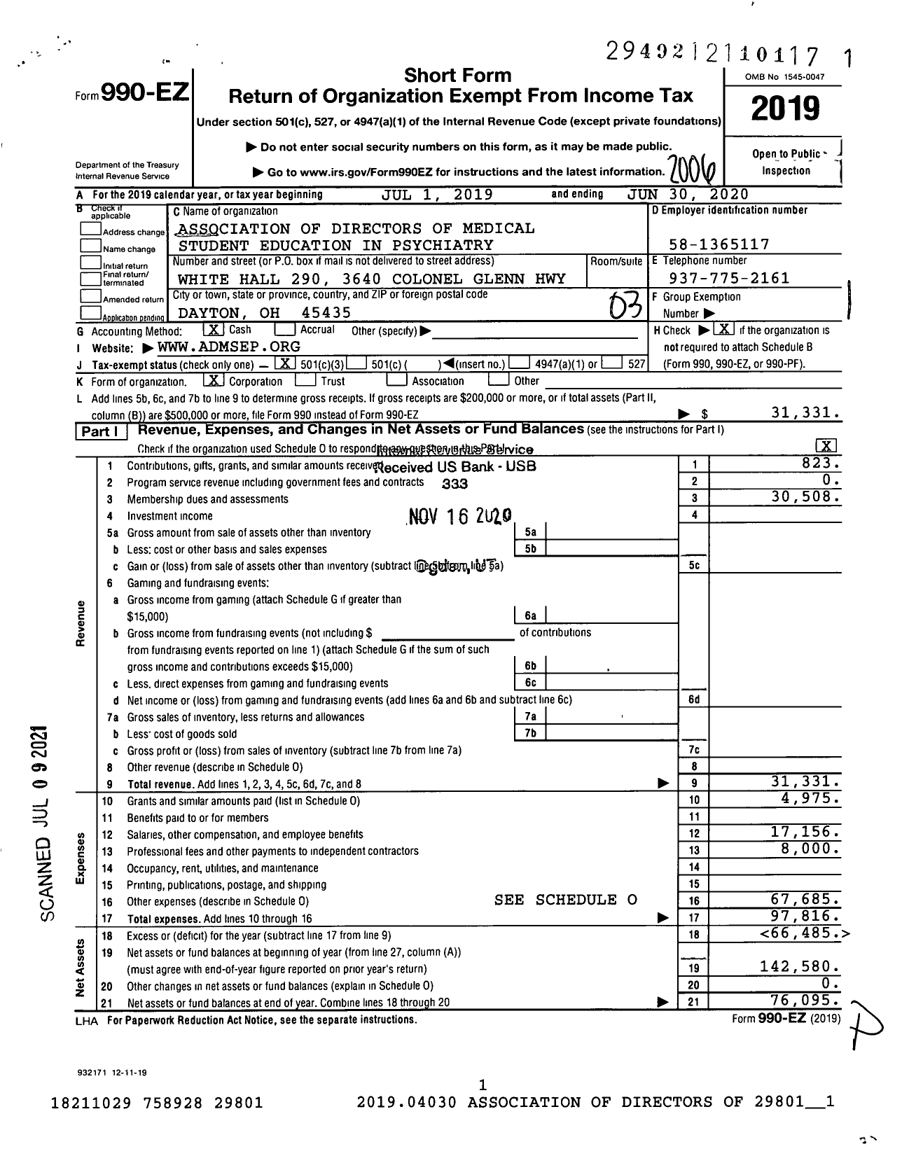 Image of first page of 2019 Form 990EZ for Association of Directors of Medical Student Education in Psychiatry