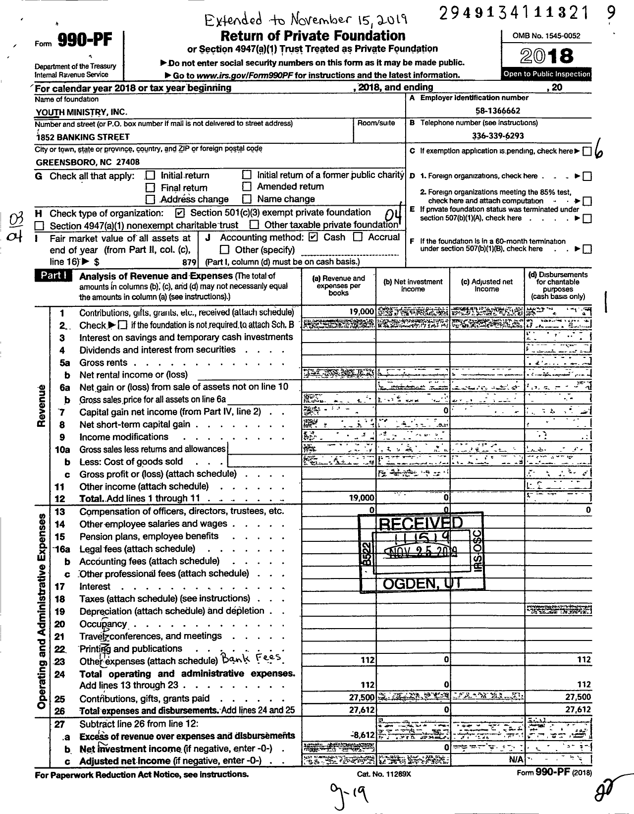 Image of first page of 2018 Form 990PF for Youth Ministry