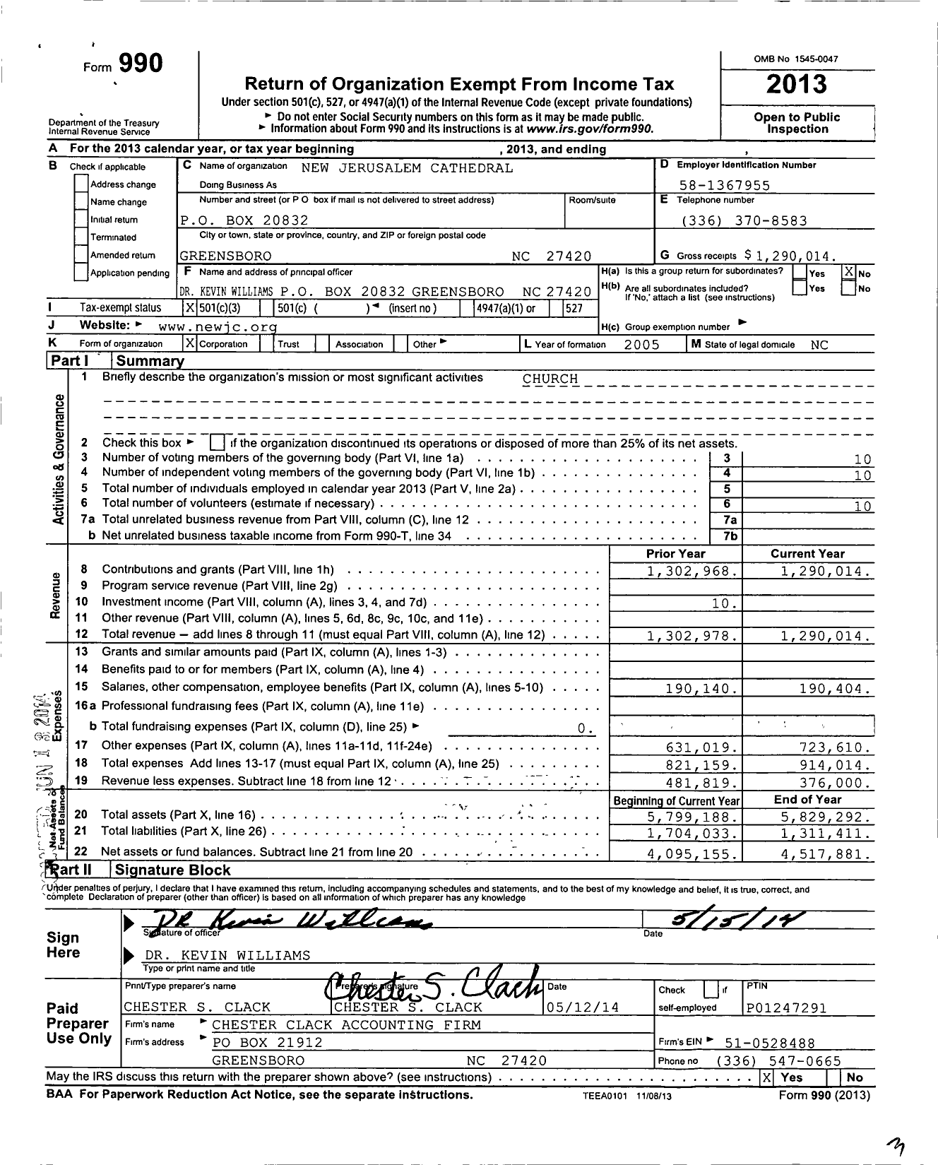 Image of first page of 2013 Form 990 for New Jerusalem Cathedral