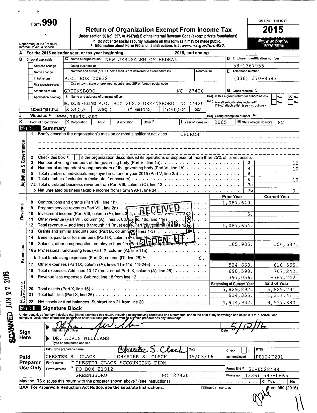 Image of first page of 2015 Form 990 for New Jerusalem Cathedral