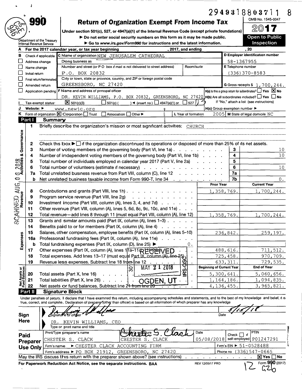 Image of first page of 2017 Form 990 for New Jerusalem Cathedral