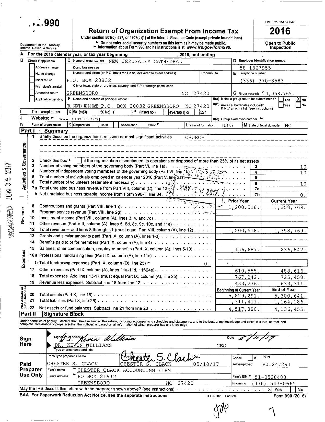 Image of first page of 2016 Form 990 for New Jerusalem Cathedral