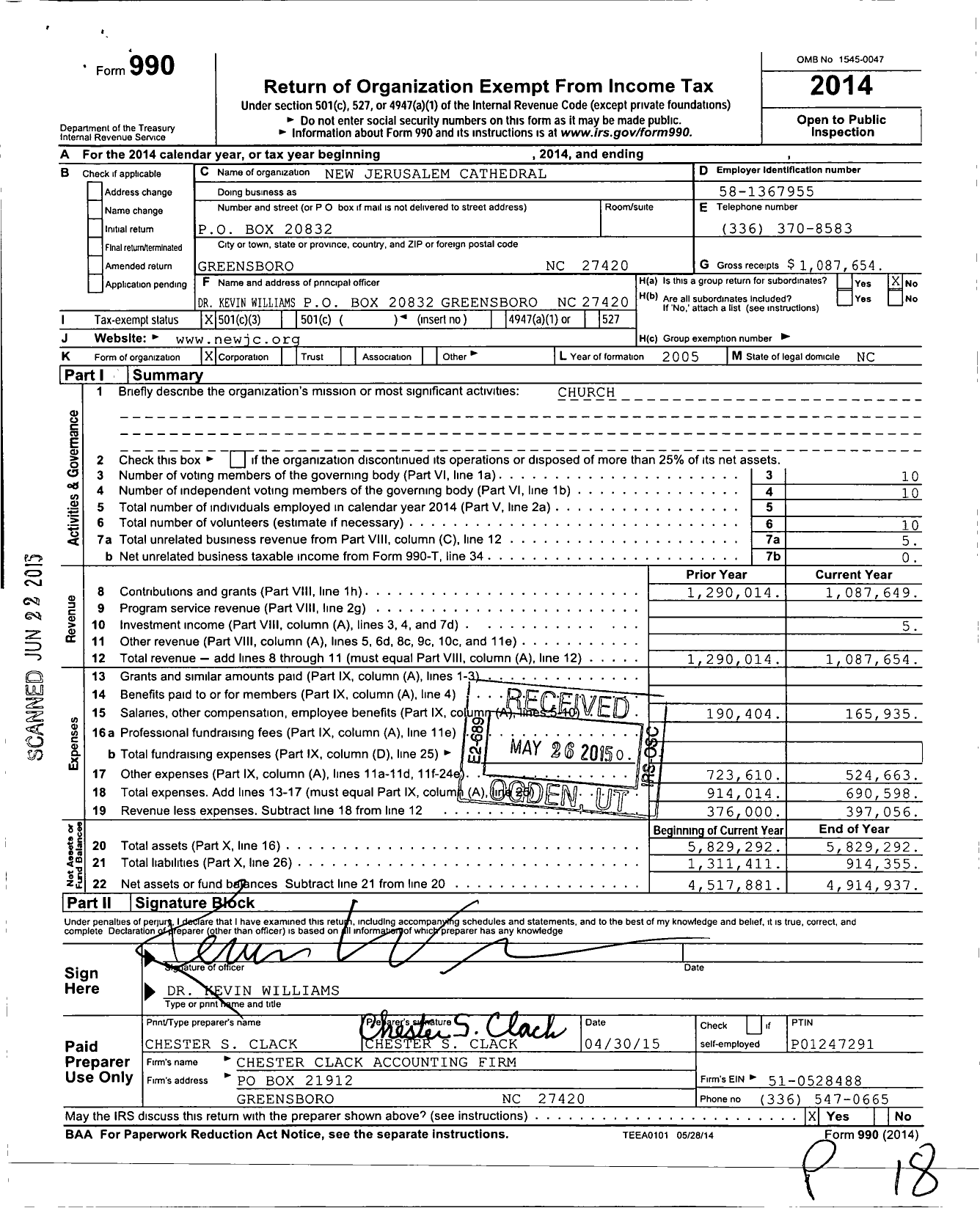 Image of first page of 2014 Form 990 for New Jerusalem Cathedral