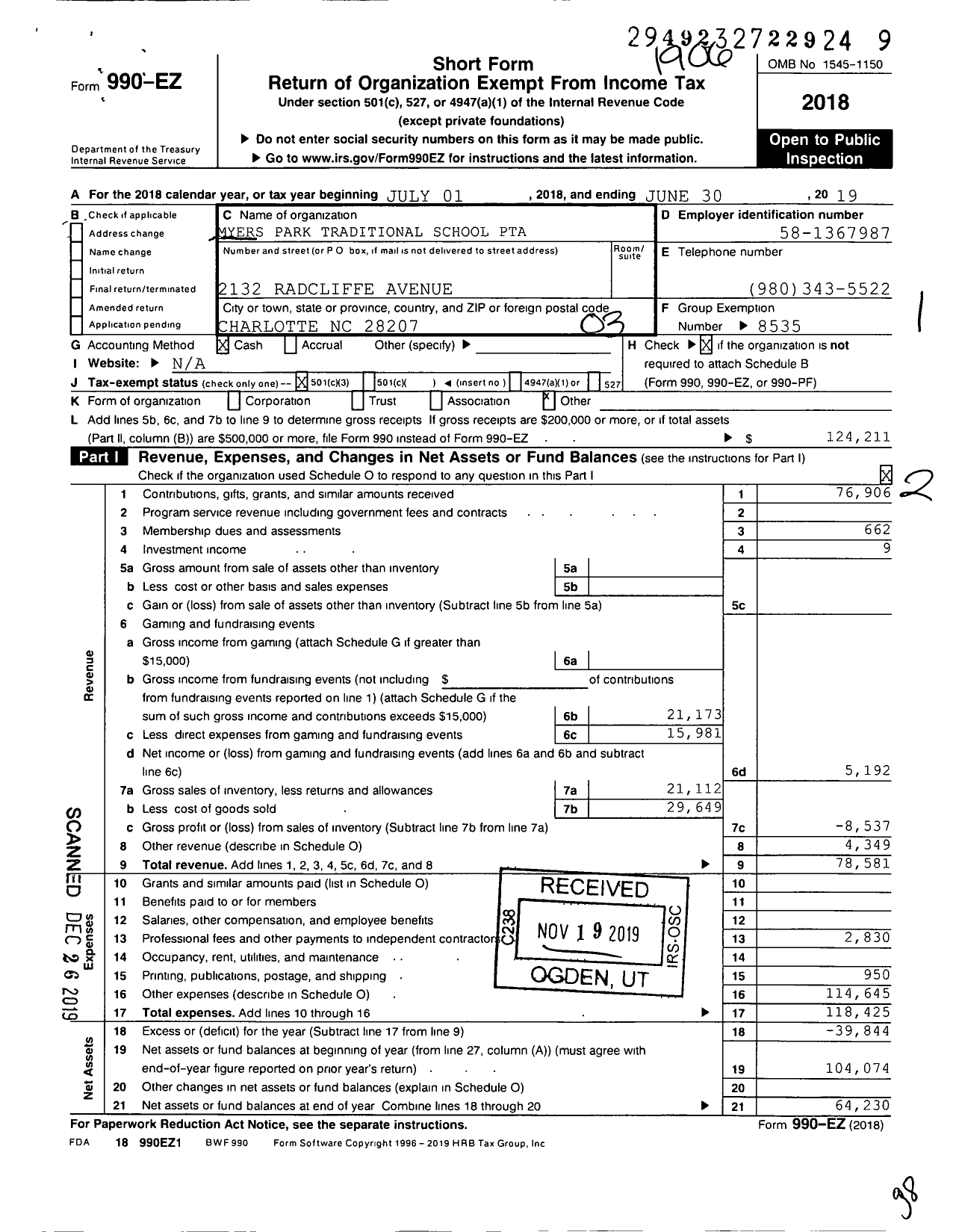 Image of first page of 2018 Form 990EZ for North Carolina PTA - Myers Park Traditional PTA