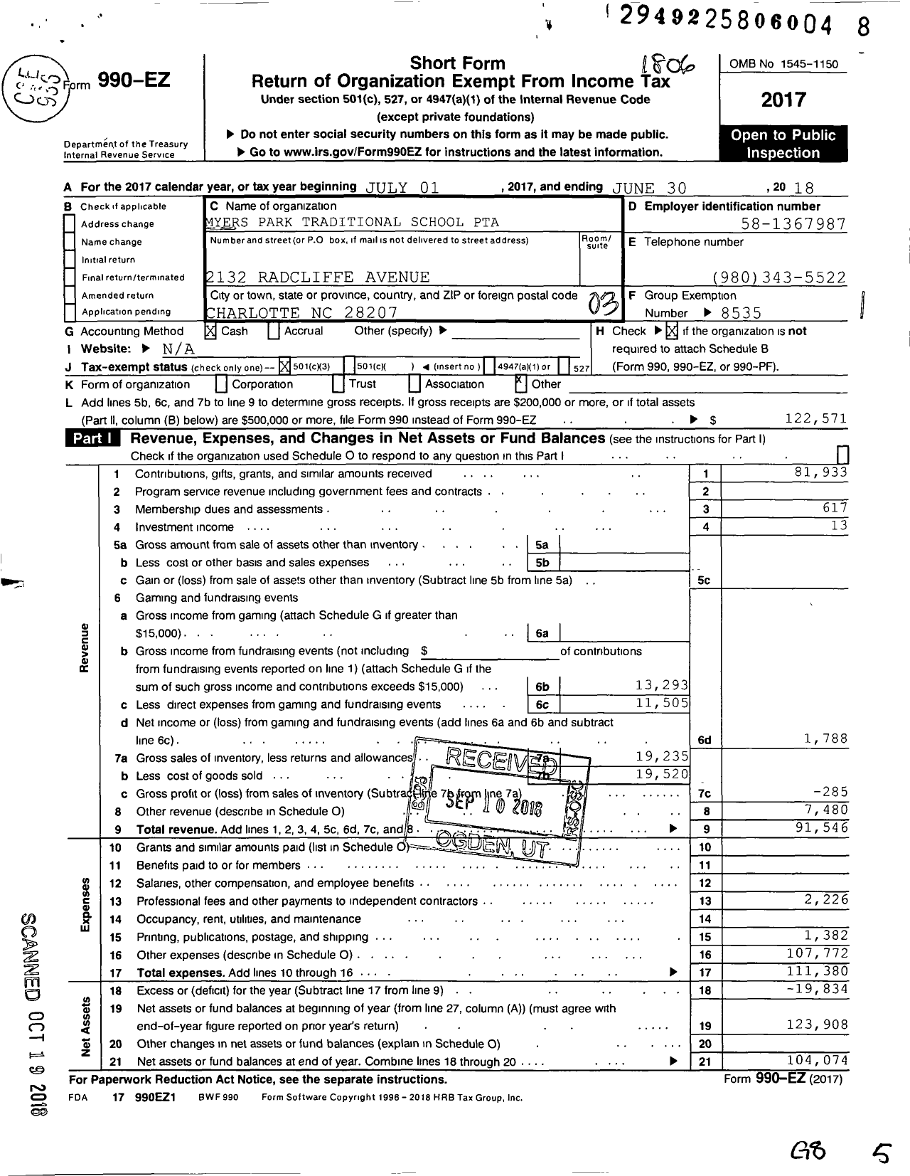 Image of first page of 2017 Form 990EZ for North Carolina PTA - Myers Park Traditional PTA