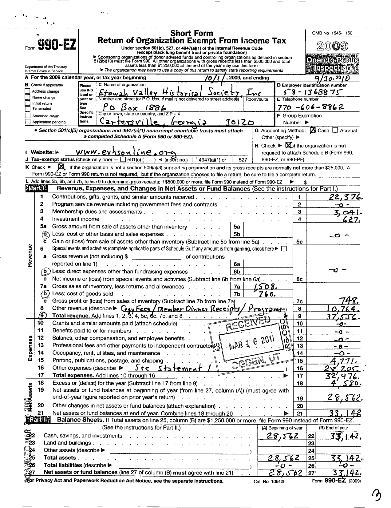 Image of first page of 2009 Form 990EO for Etowah Valley Historical Society