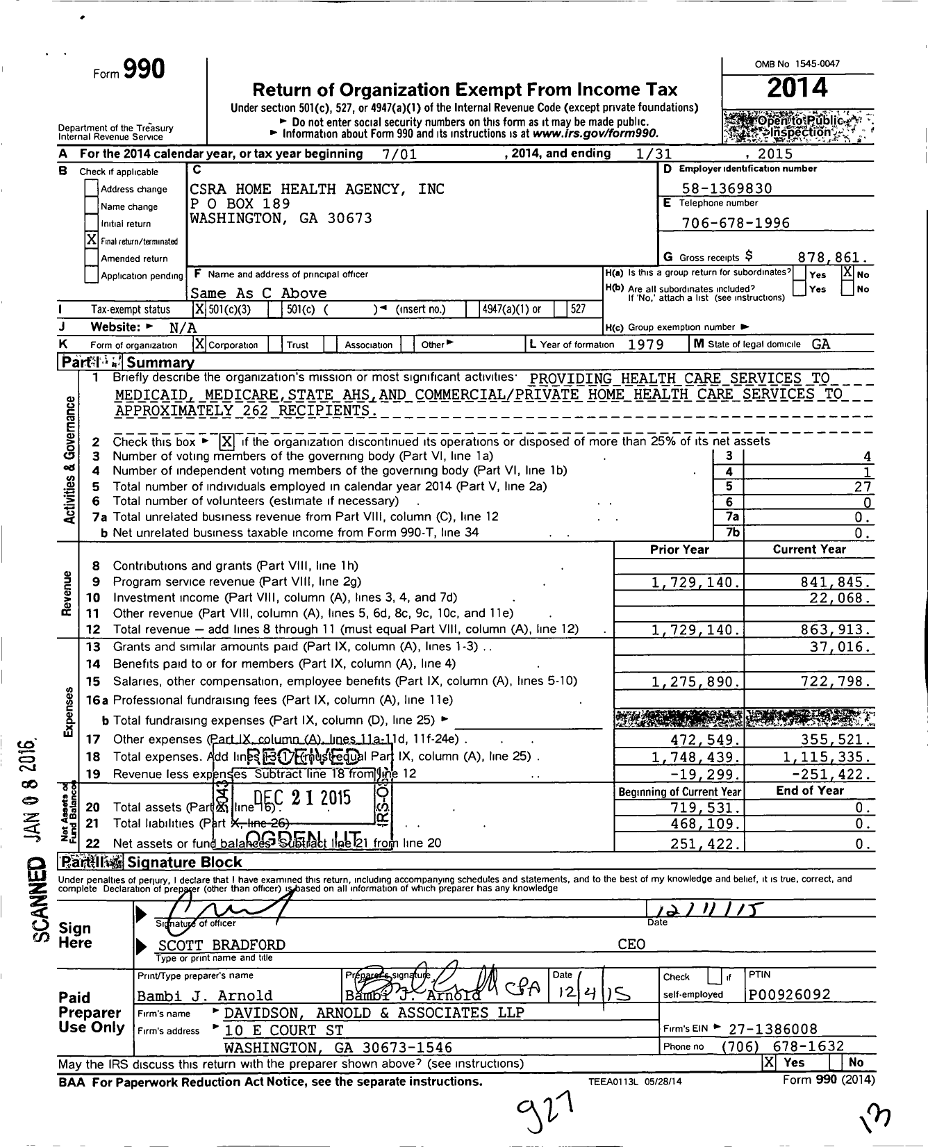 Image of first page of 2014 Form 990 for Csra Home Health Agency