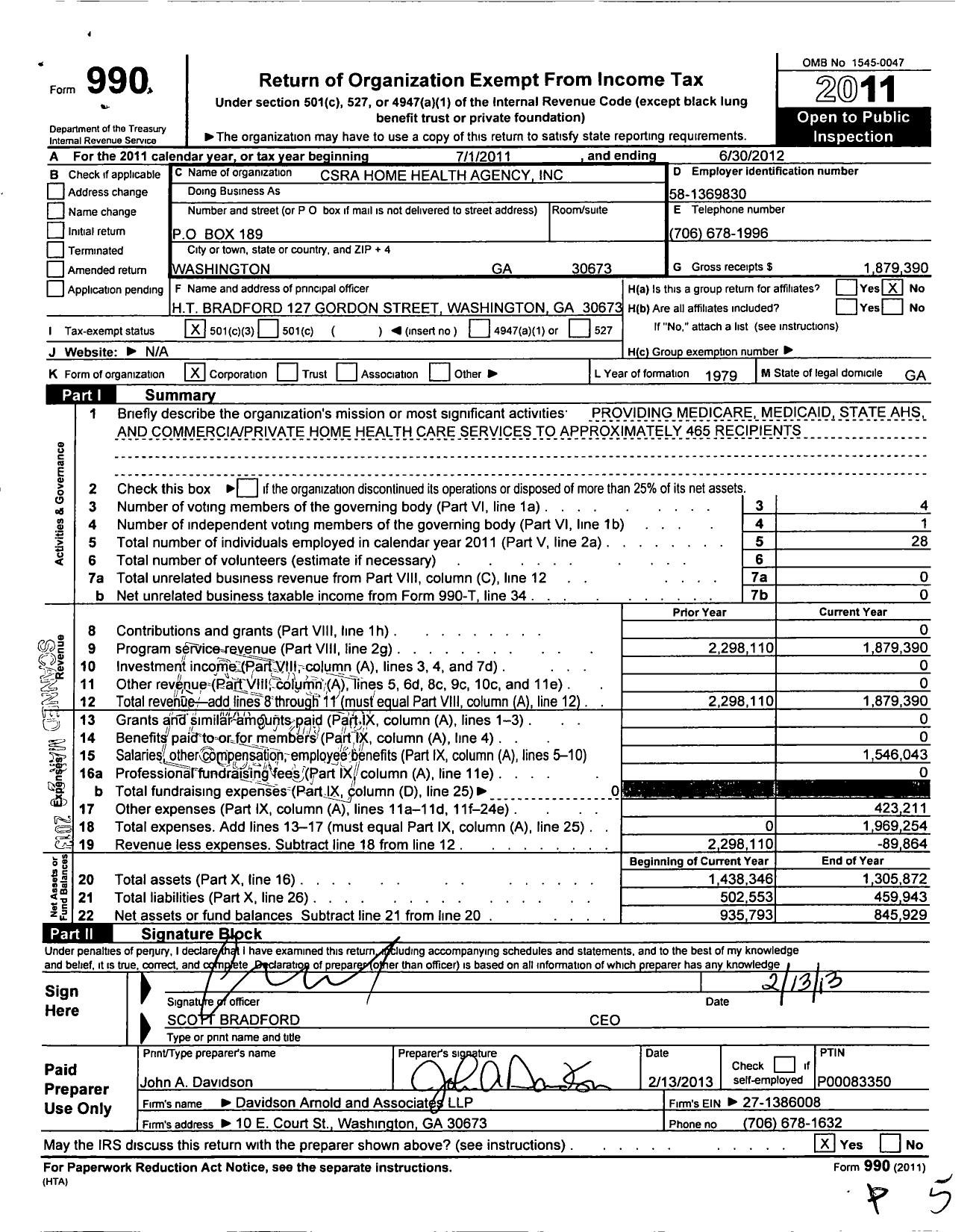 Image of first page of 2011 Form 990 for Csra Home Health Agency