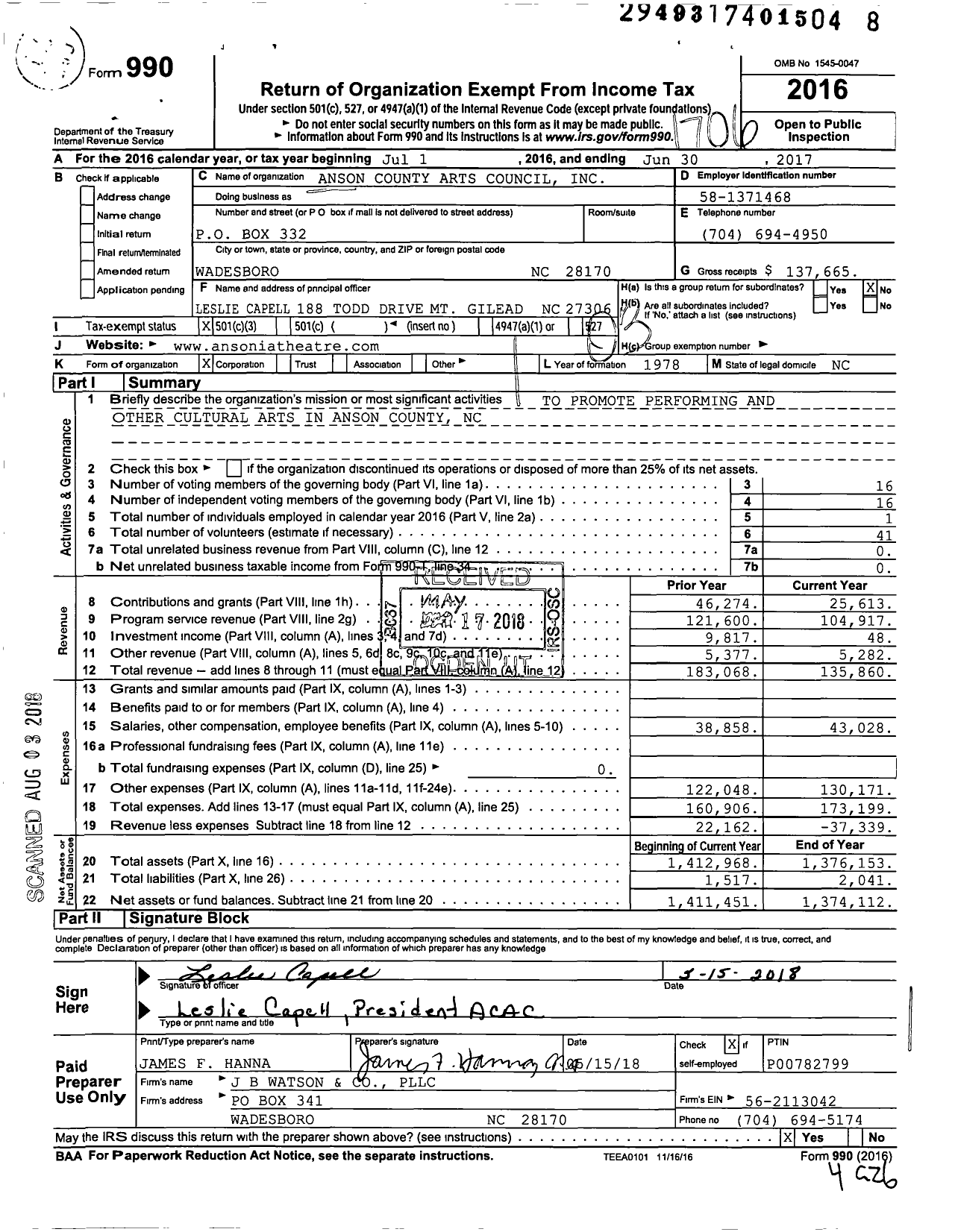 Image of first page of 2016 Form 990 for Anson County Arts Council