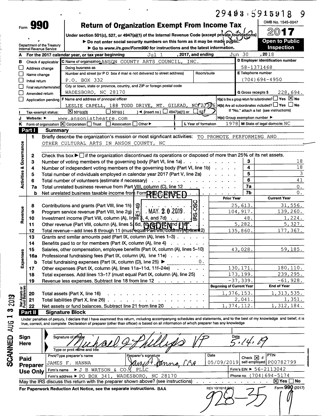 Image of first page of 2017 Form 990 for Anson County Arts Council