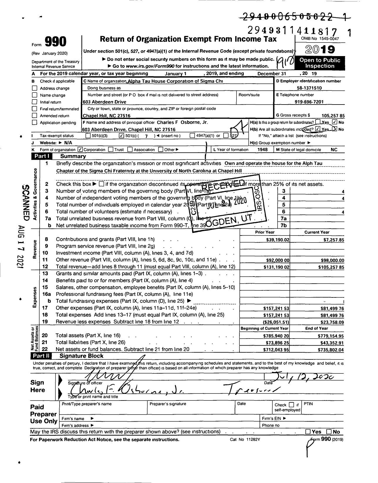 Image of first page of 2019 Form 990O for Alpha Tau House Corporation of Sigma Chi Fraternity