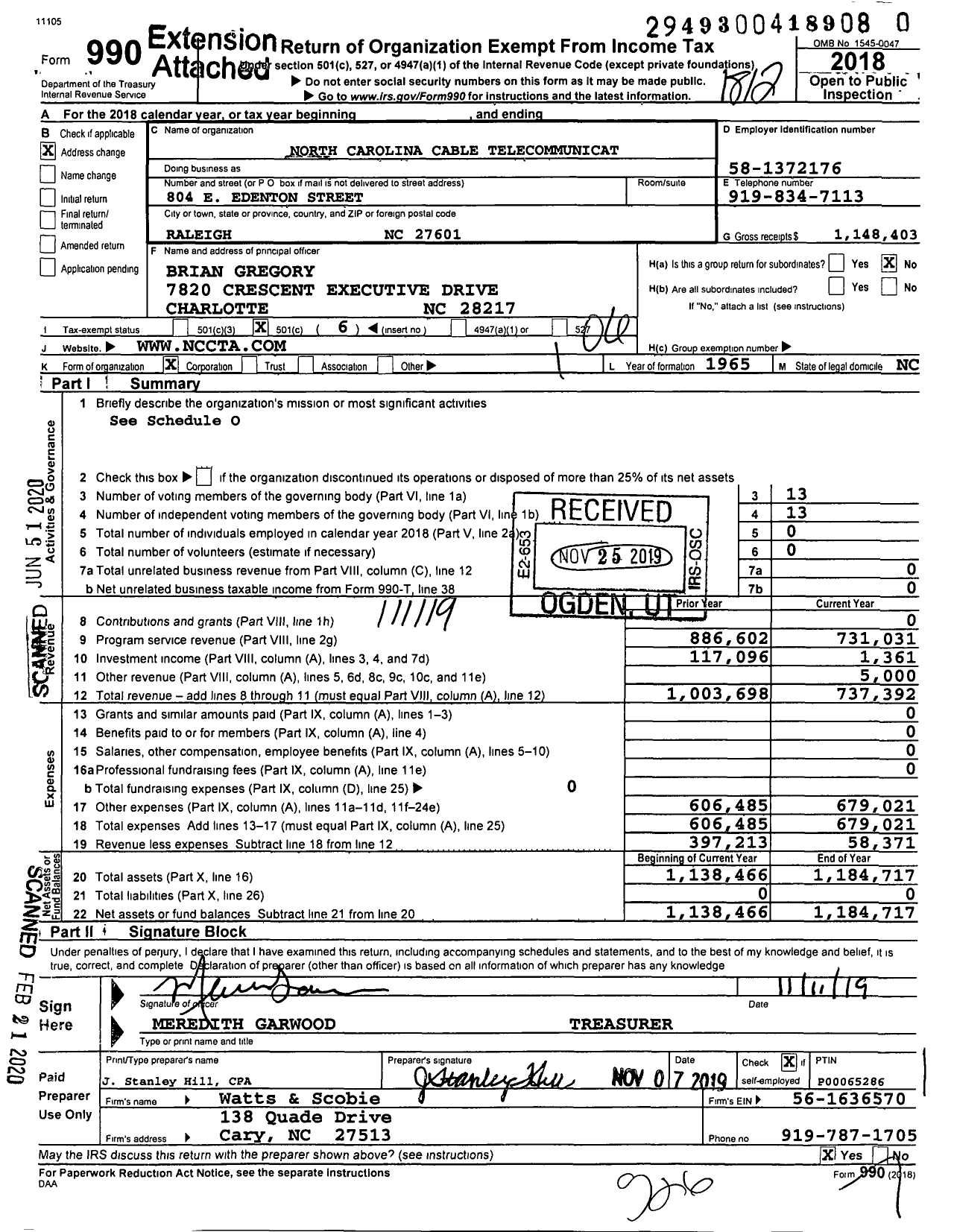 Image of first page of 2018 Form 990O for North Carolina Cable Telecommunications Association (NCCTA)