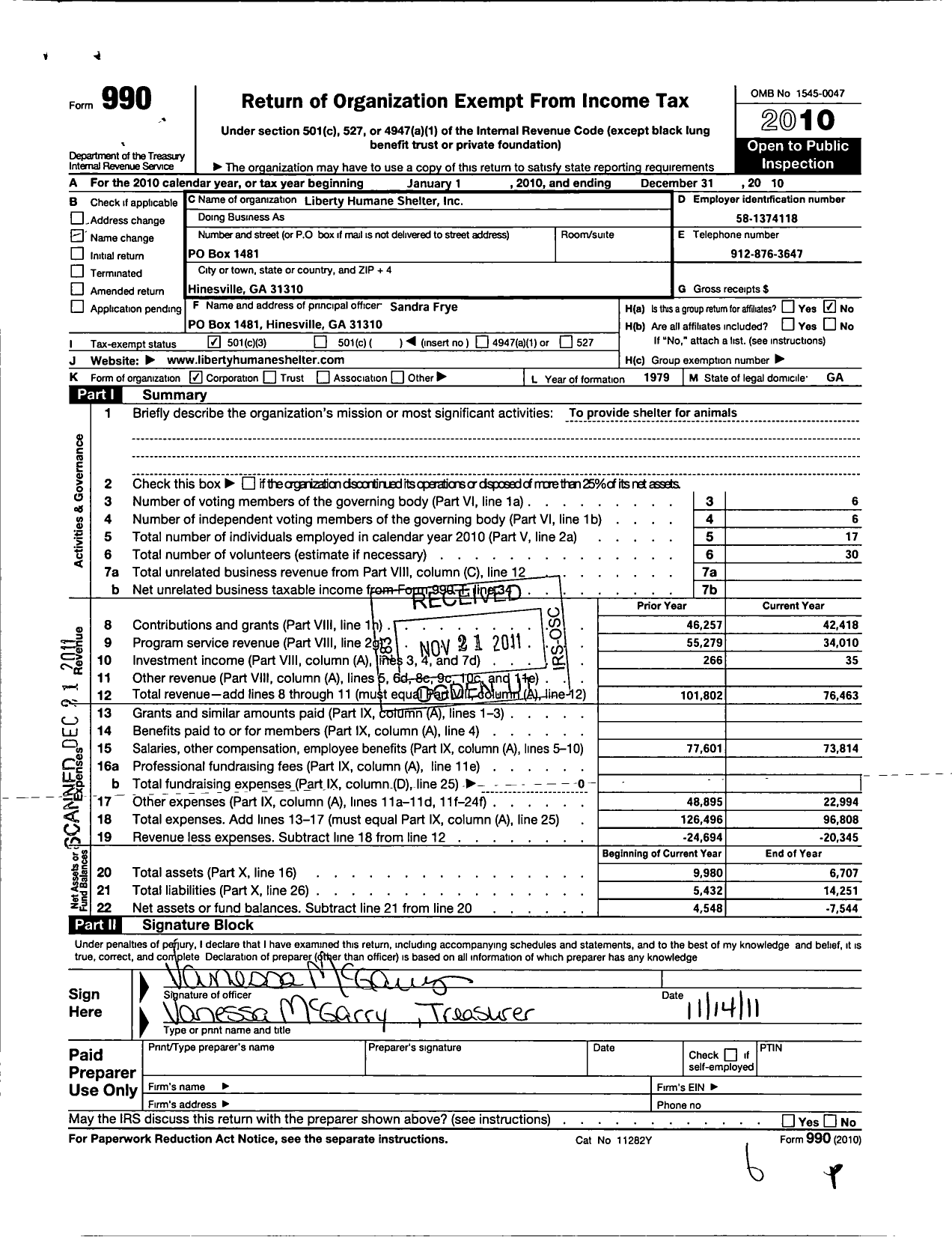 Image of first page of 2010 Form 990 for Liberty Humane Shelter