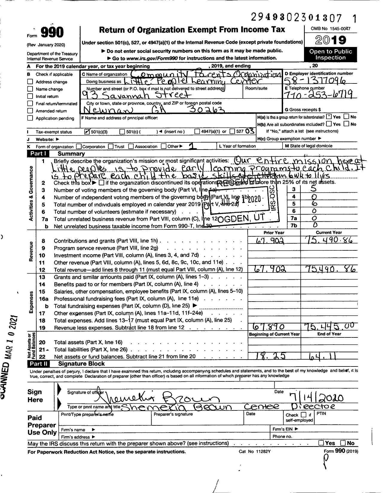 Image of first page of 2019 Form 990 for Littlepeople Learning Center