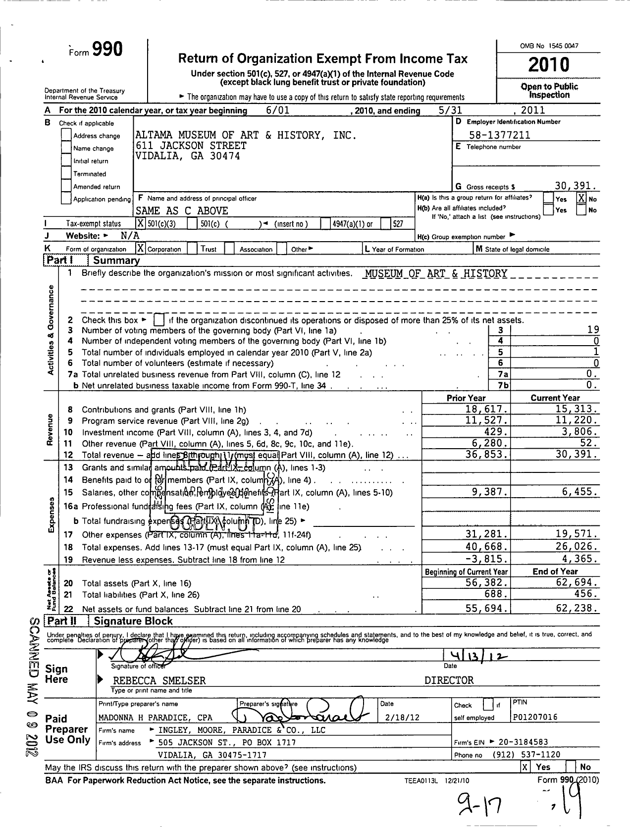 Image of first page of 2010 Form 990 for Altama Museum of Art and History