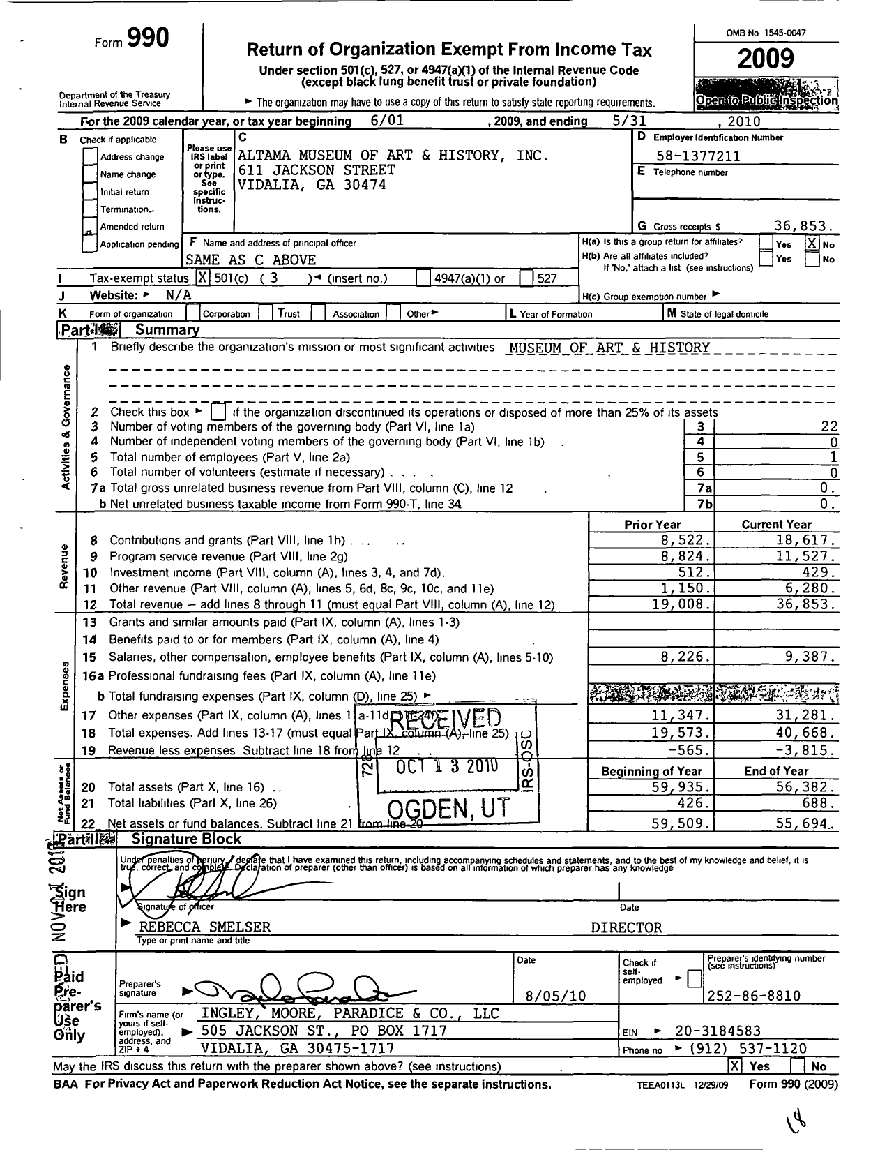 Image of first page of 2009 Form 990 for Altama Museum of Art and History