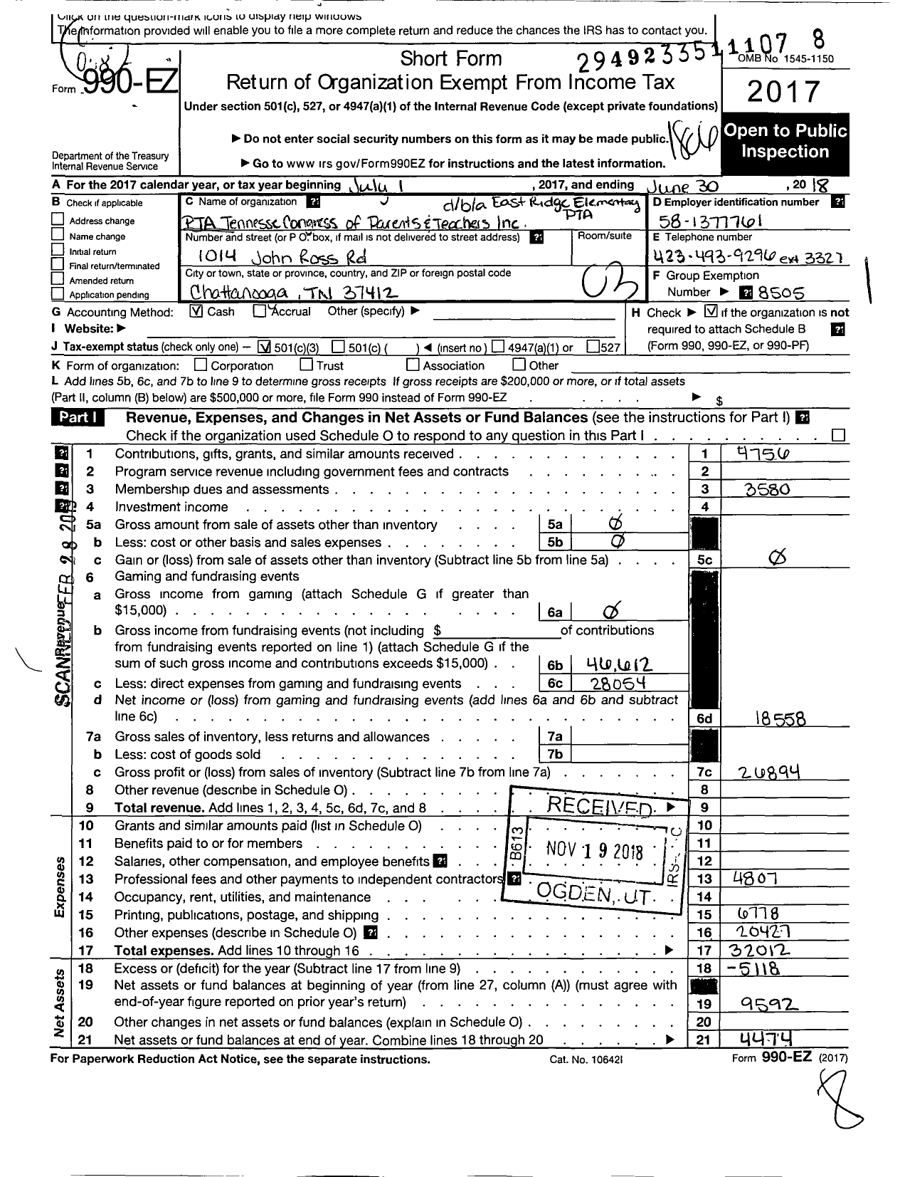 Image of first page of 2017 Form 990EZ for PTA Tennessee Congress of Parents and Teachers